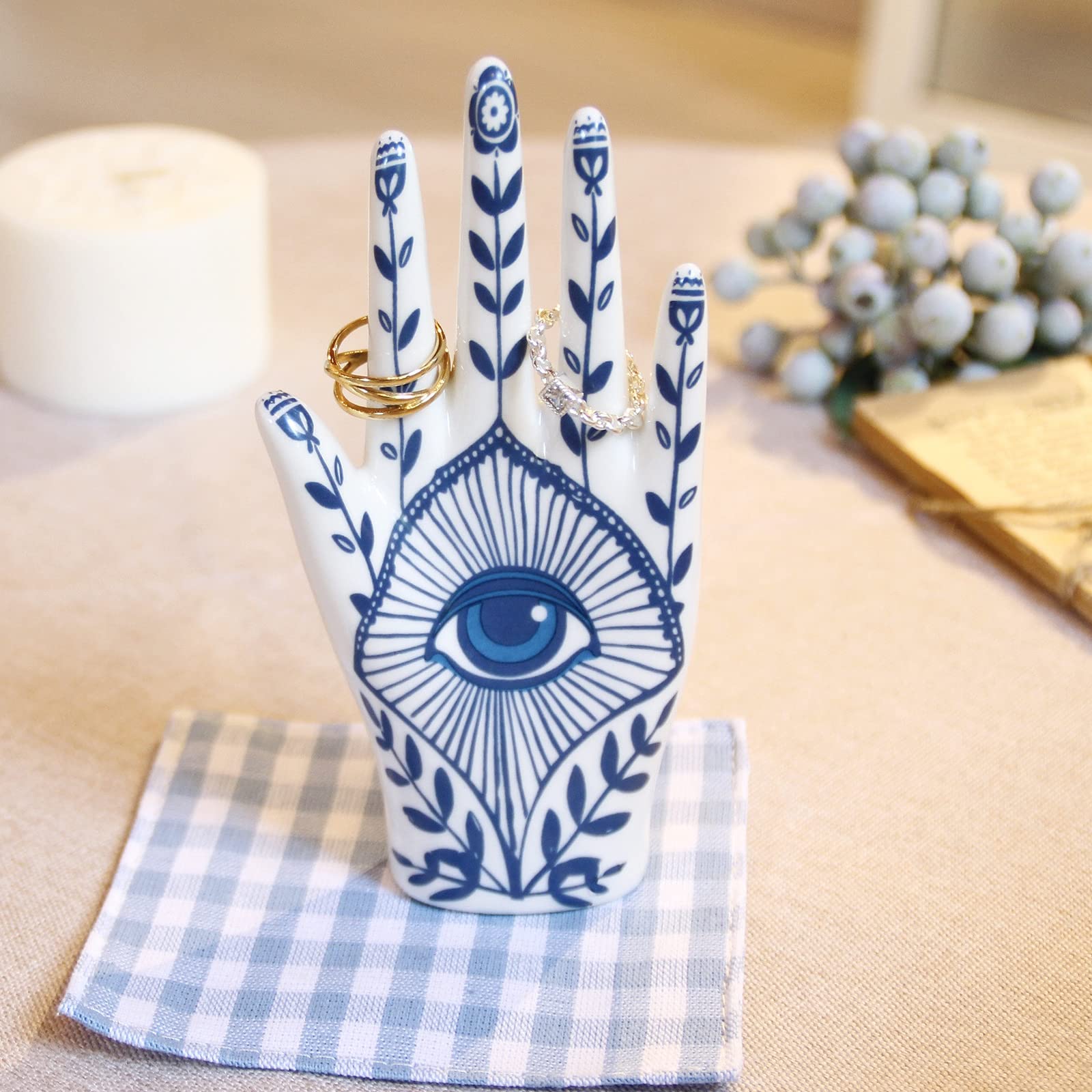 Hamsa Hand Ring Holder with Blue Evil Eye - Boho Decor Ring Stand & Organizer for Bathroom, Bedroom, Vanity - Aesthetic Room Decor, Preppy Home Gifts for Women - Perfect for Yoga Studios, Meditation Spaces & Spiritual Decor