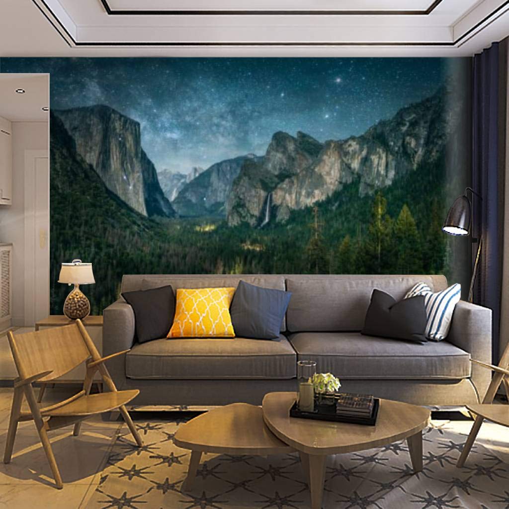 Self-Adhesive Removable Peel & Stick Wallpaper Mural - Yosemite National Park Illuminated by Waxing Crescent Moon & Milky Way | Waterproof Home Decor for Living Room, Bedroom, Office | Easy DIY Wall Decal & Wall Art Sticker