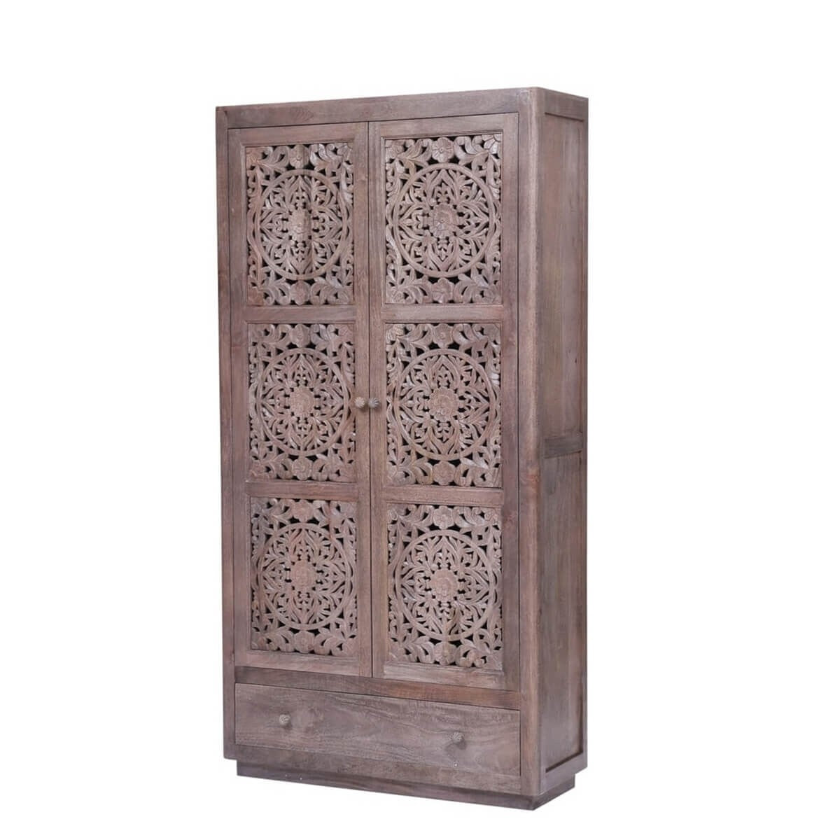 Hand Carved Reclaimed Wood Cabinet with Shelves and Drawers - Rustic Indian Furniture for Living Room, Bedroom & Kitchen Storage