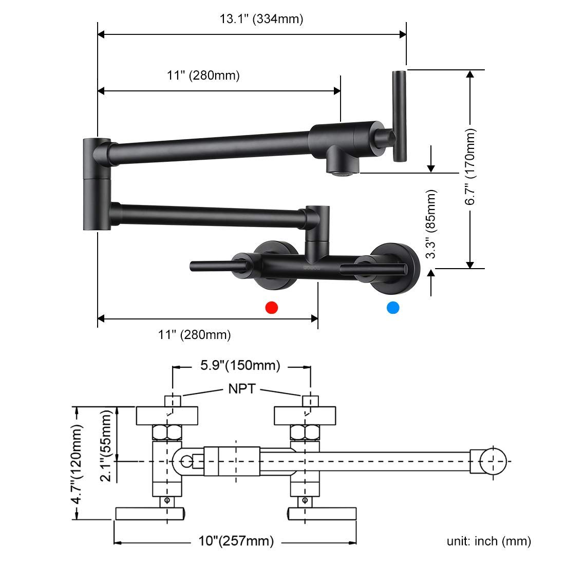 **Black 4-inch Pot Filler Faucet - Hot & Cold Water Folding Kitchen & Bathroom Faucet for Easy Cooking & Handwashing**