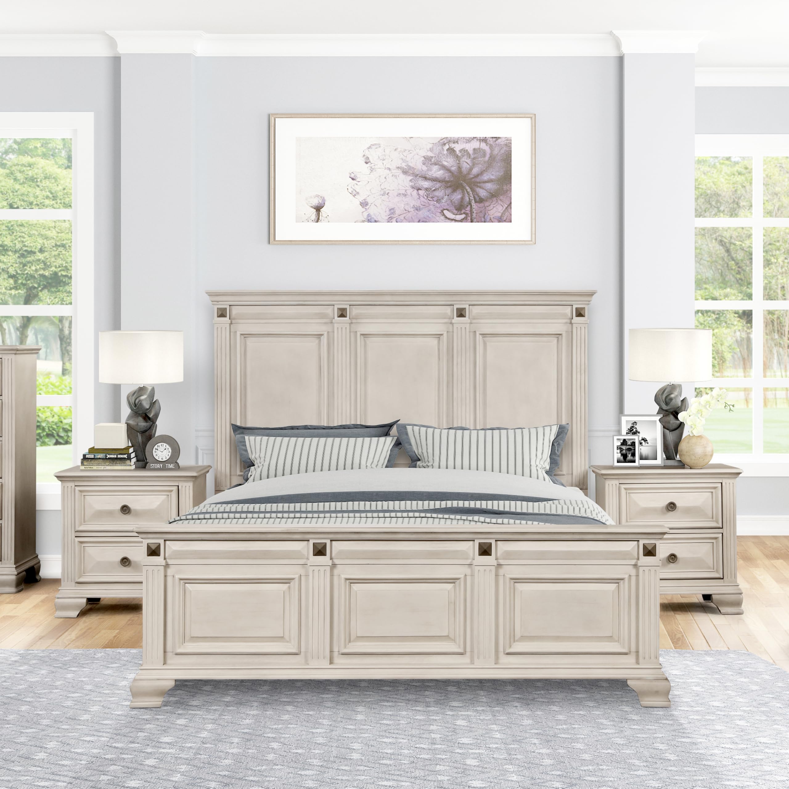 Roundhill Furniture Renova 3-Piece King Bedroom Set with Bed & 2 Nightstands in Distressed Silver Parchment - Modern Bedroom Furniture for Master Suite & Guest Room Decor