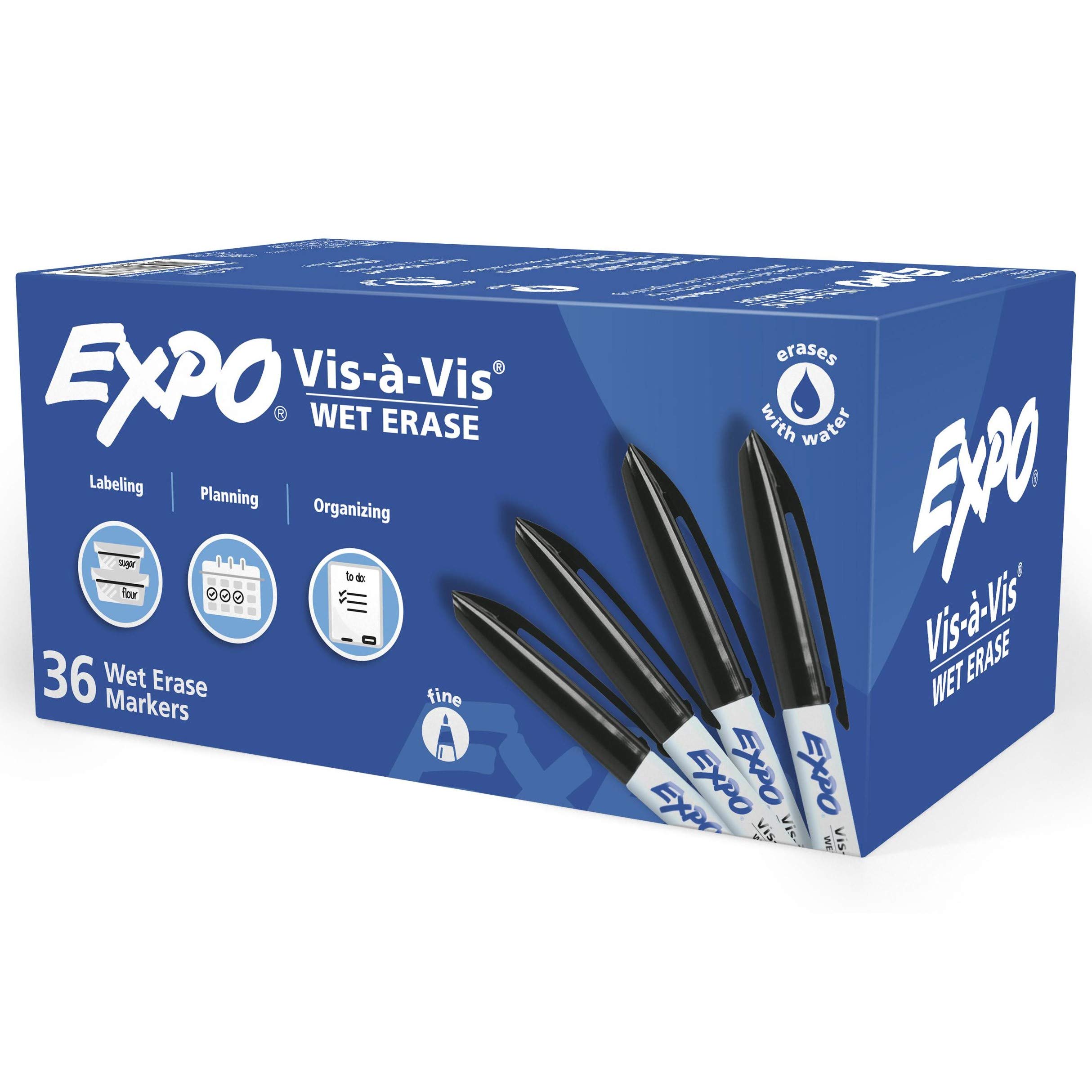 EXPO Vis-a-Vis Fine Point Wet Erase Markers - 36 Pack with Vibrant Black Ink for Whiteboards, Glass & Laminated Surfaces - Ideal for Teachers, Students, Office Meetings & Home Organization