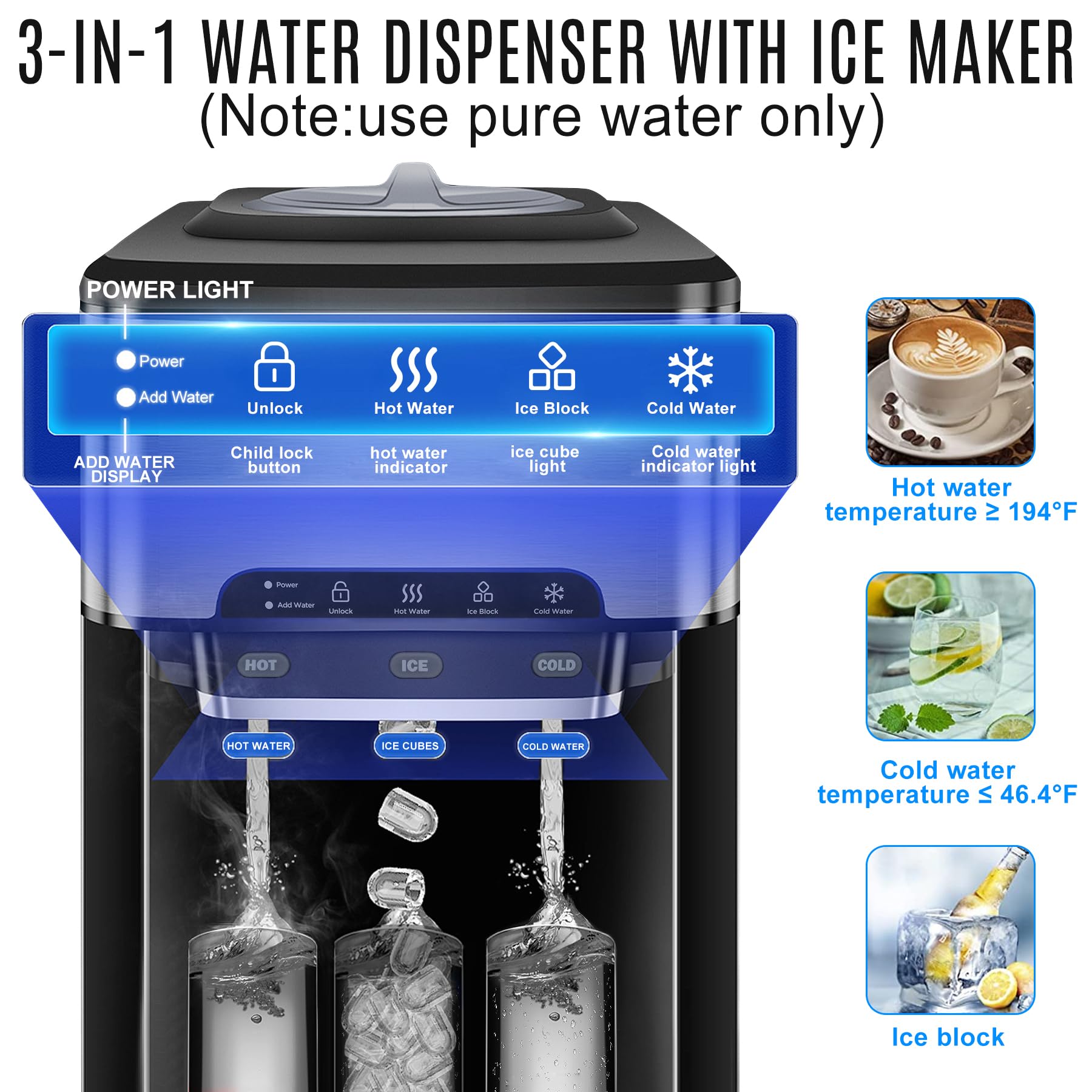 Portable Countertop Ice Maker with Water Dispenser - 3-in-1 Compact Ice Machine Produces 44 lbs Daily, 4 lb Storage - Includes 10ft Water Hose - Perfect for Home, Office, RV & Outdoor Entertaining