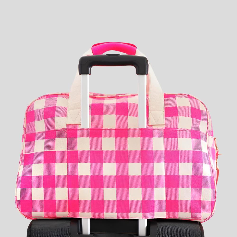Bon Voyage Weekender Bag - Neon Pink Gingham Checkered Travel Duffel for Women | Perfect for Weekend Getaways, Gym, Beach & Overnight Trips