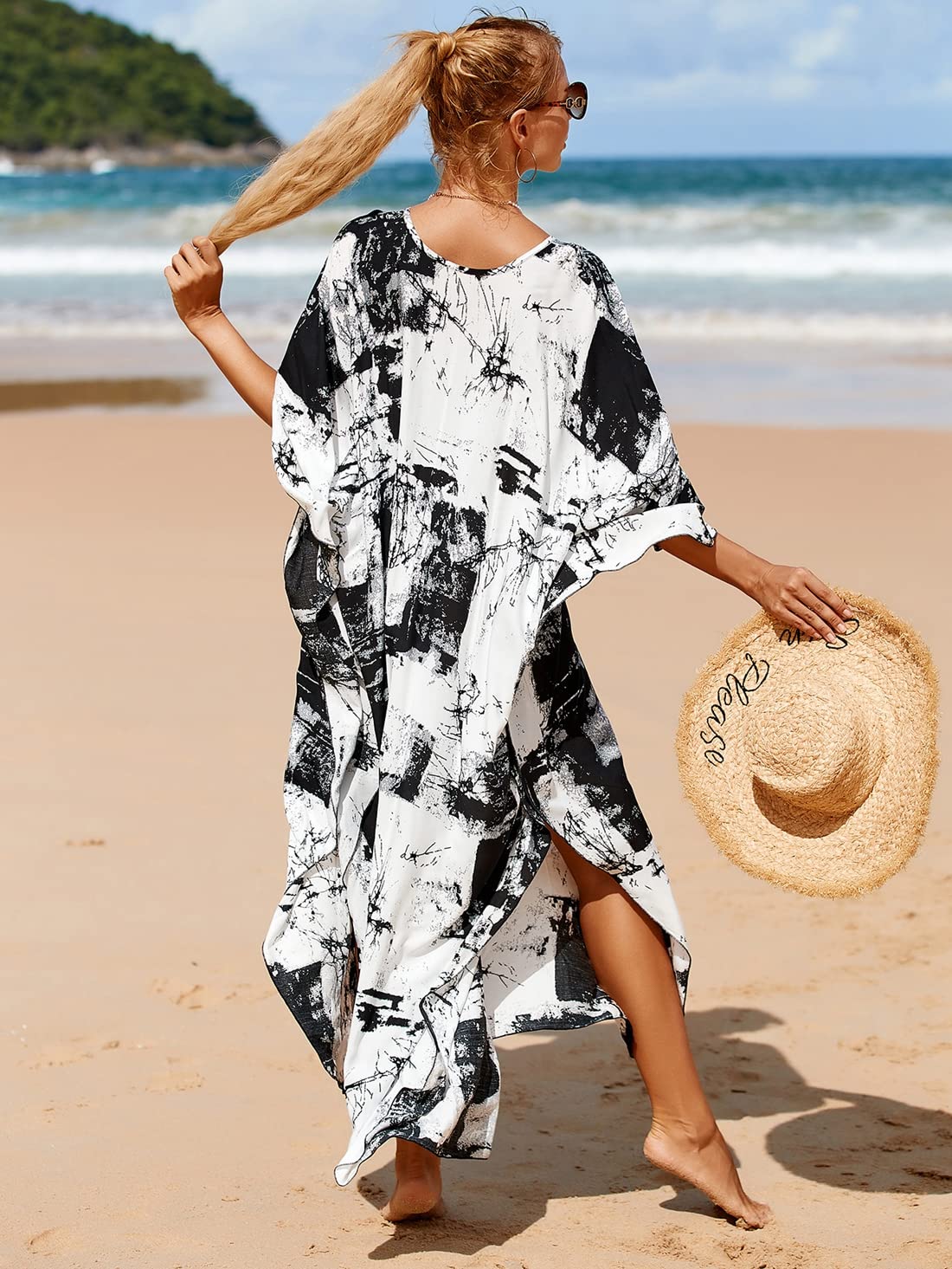 RanRui Women's Plus Size Floral Kaftan Dress with Wave Neck - Boho Chic Muumuu for Beach, Vacation & Lounge Wear