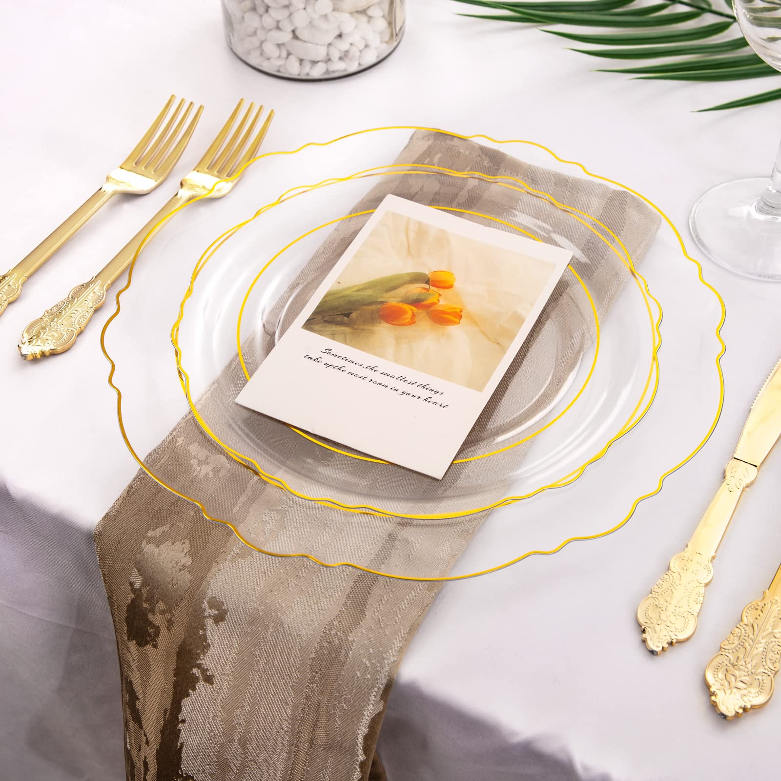 100-Pack Elegant Clear Plastic Plates with Gold Trim - Baroque Style Disposable Dinnerware Set for Weddings, Parties & Events (50x 10.25
