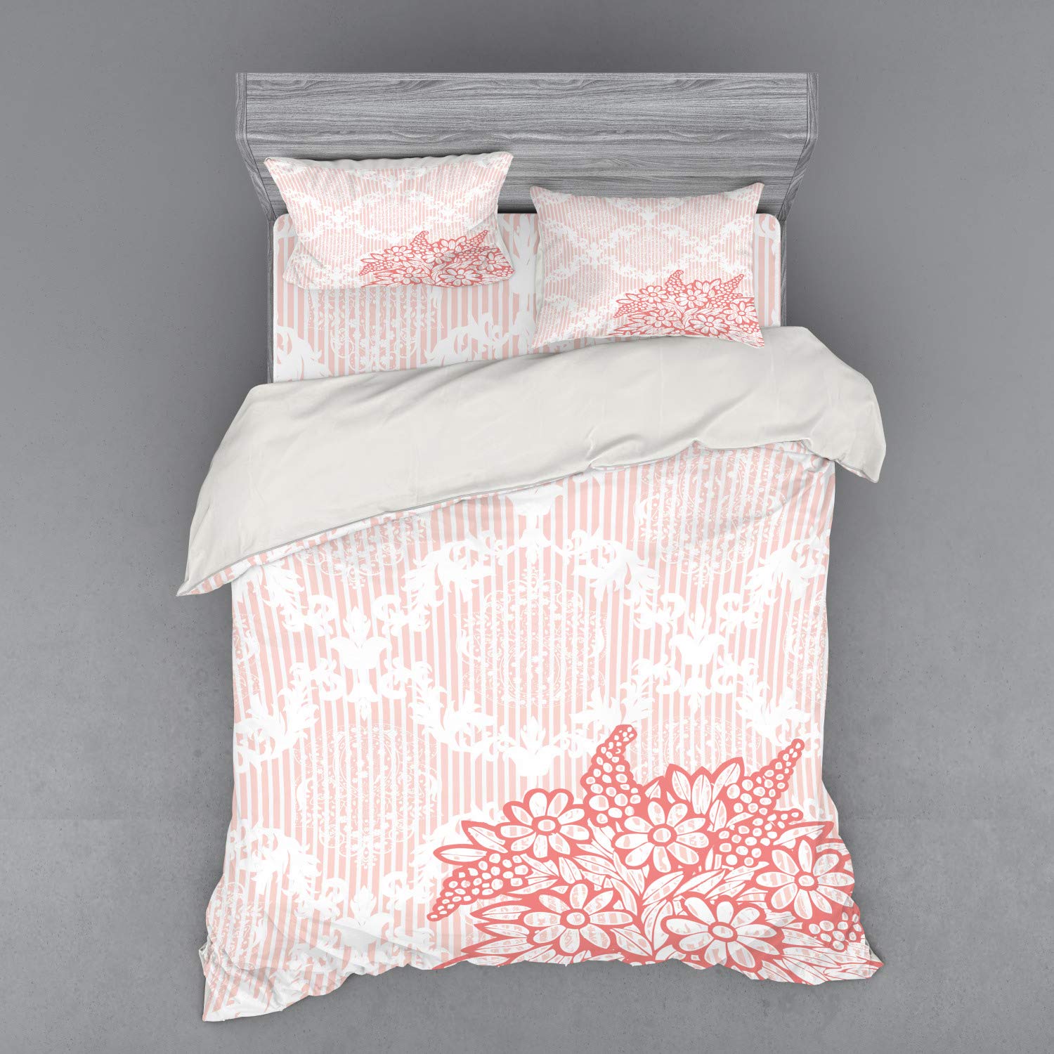 Ambesonne Coral Duvet Cover Set 4-Piece Queen Size - Antique Ornate Royal Checkered Floral Design with Doodle Style Daisy Bouquet, Includes Shams & Fitted Sheet in Pale Pink - Perfect for Vintage Bedroom Decor, Guest Room Makeover & Boho Chic Home Styling