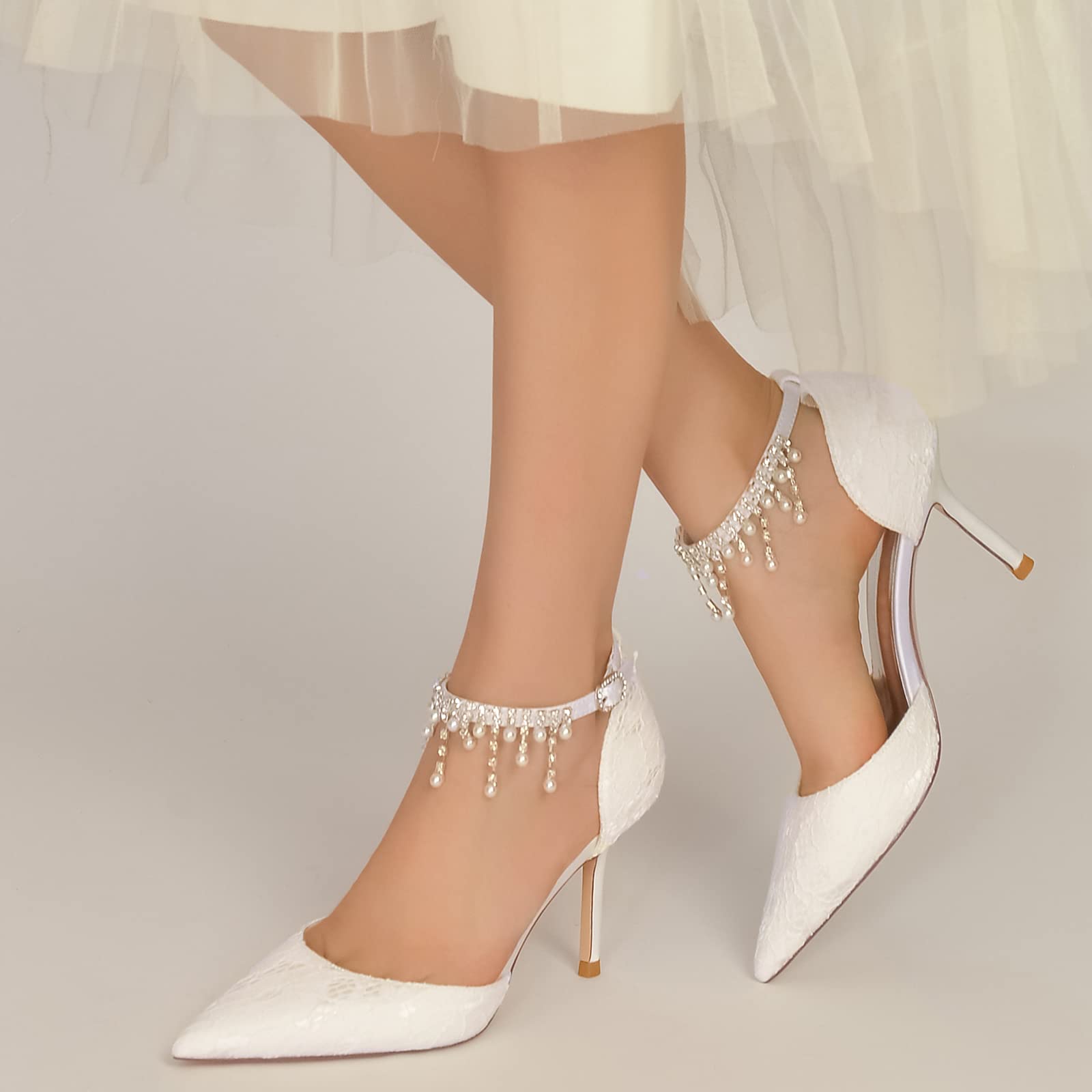 TNXZ Women's Pointed Toe High Heels - 8.5Cm Ankle Strap Lace Wedding Shoes for Bride, Prom, Party & Evening Dress | Elegant Court Shoes & Sandals for Special Occasions, Date Night & Formal Events