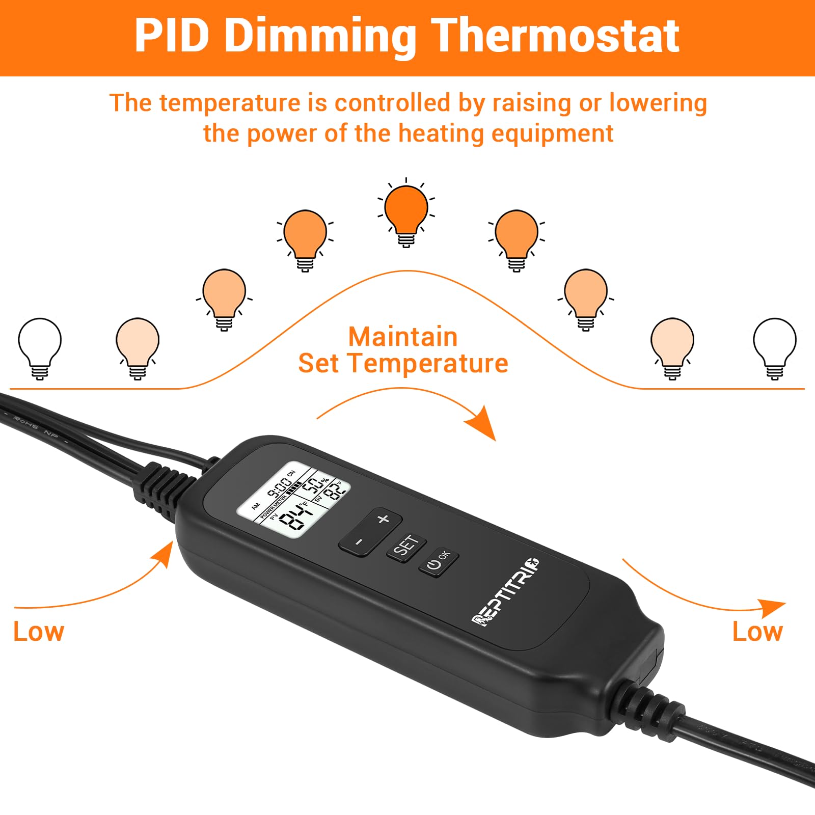 Reptile Thermostat with Temperature Probe - Dimmable PID Temperature Controller for Heat Lamps & Heating Pads, ℉/℃ Switchable with Memory Function - Ideal for Terrariums, Vivariums & Reptile Habitats