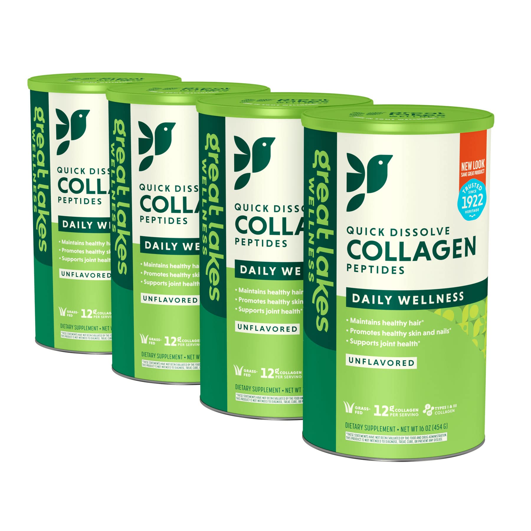 Great Lakes Wellness Hydrolyzed Collagen Peptides Powder - Unflavored, Non-GMO, Keto & Paleo Friendly, Gluten-Free, No Preservatives - Supports Skin, Hair, Nails & Joint Health - Quick Dissolve Formula - 16 oz (4 Pack) - Perfect for Smoothies, Coffee & Daily Wellness Routine