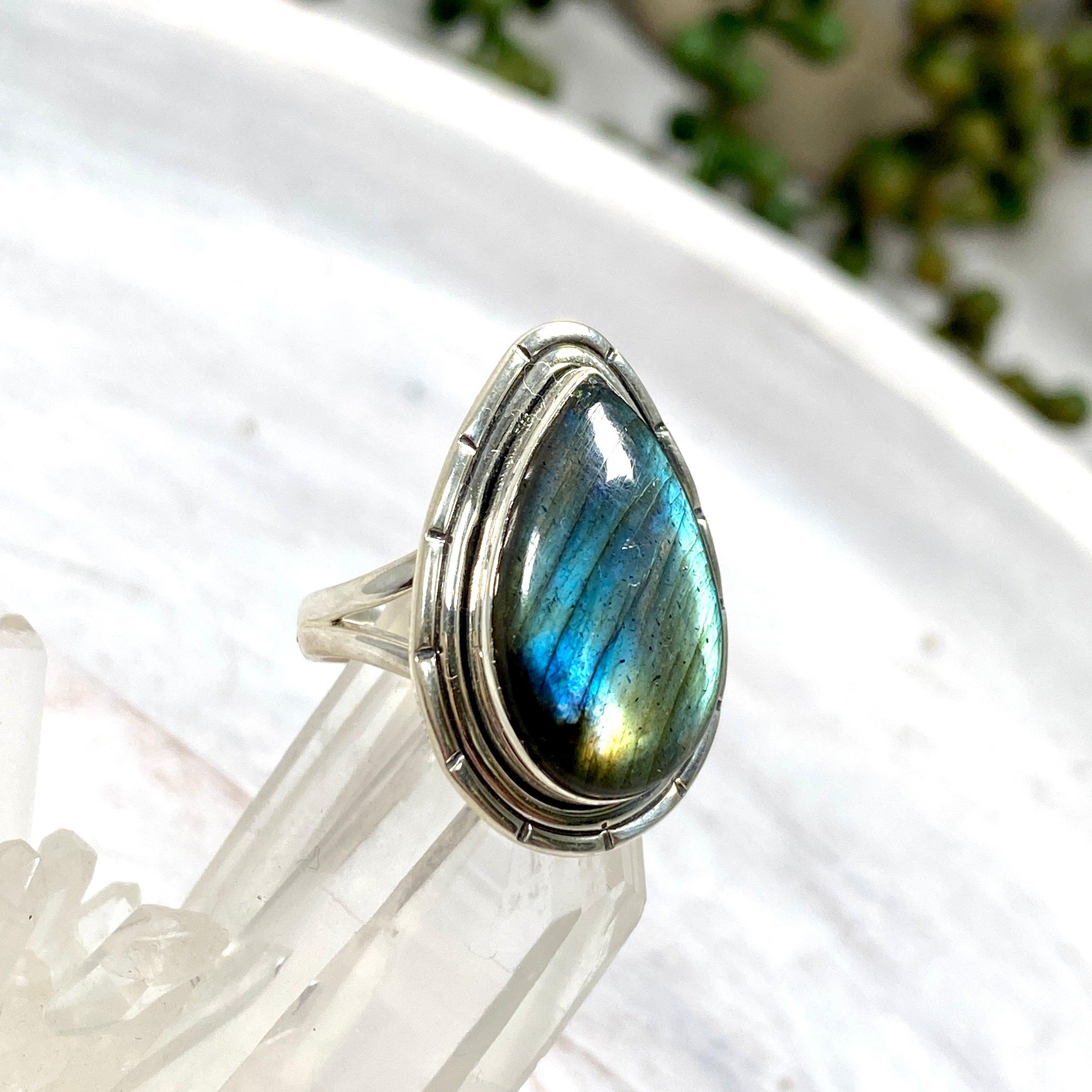 Labradorite Teardrop Filigree Ring - Size 6 - KRGJ2744 - Elegant Handmade Jewelry for Women, Perfect for Weddings, Parties & Special Occasions