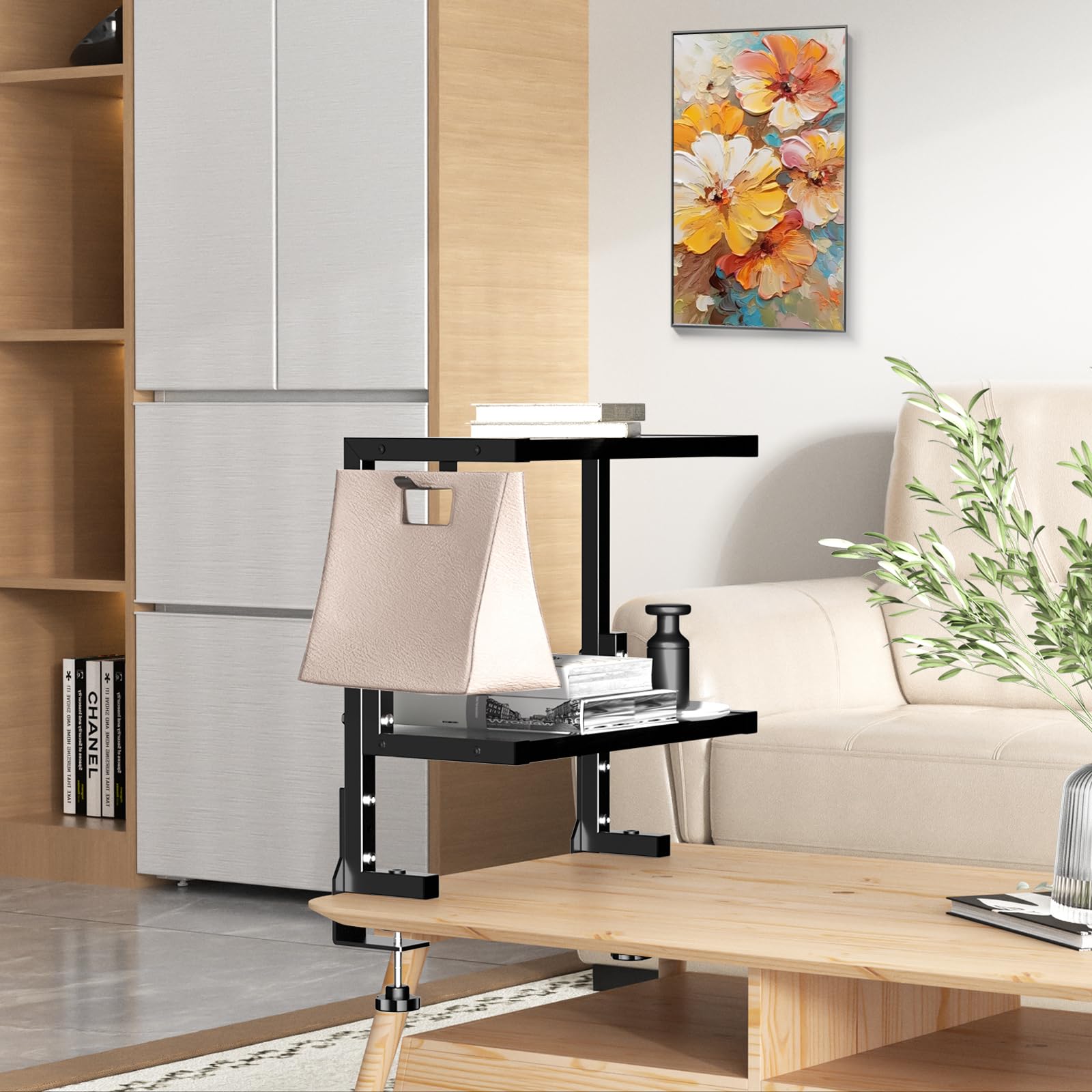 PUTORSEN 2-Tier Clamp-On Desk Shelf Organizer - Adjustable Height Monitor Stand with Hooks for Office, Gaming & Home Workspace - Black - Perfect for Desk Organization & Space Saving