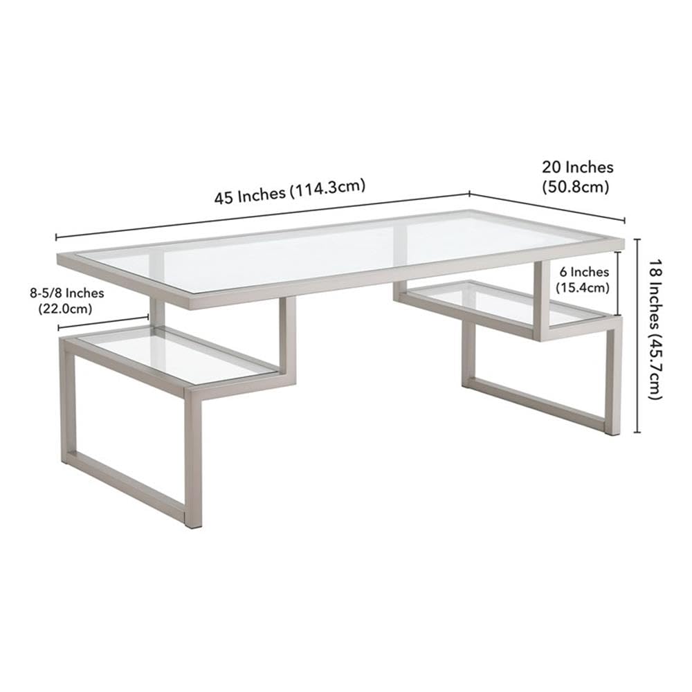 Modern Metal Hollywood Coffee Table with Satin Nickel & Gray Finish, Tempered Glass Top - Perfect for Living Room, Lounge & Office Decor