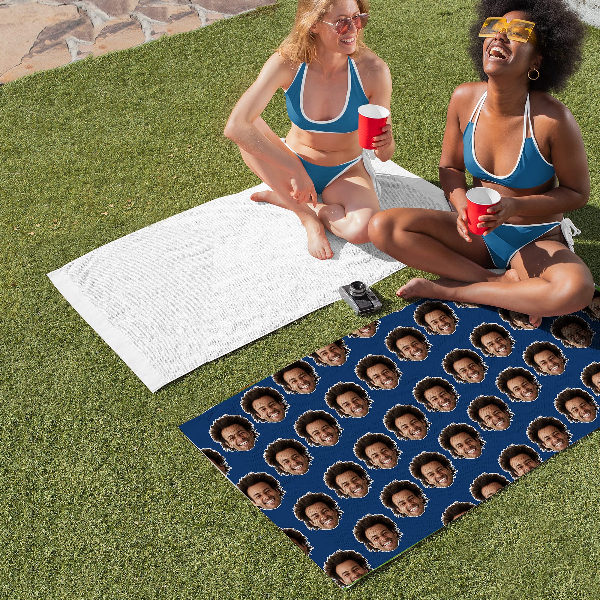 Custom Personalized Beach Towels for Adults with Names & Photos - Monogrammed Navy Blue Selfie Photo Beach Towel - Perfect for Beach Vacations, Pool Parties & Summer Gifts