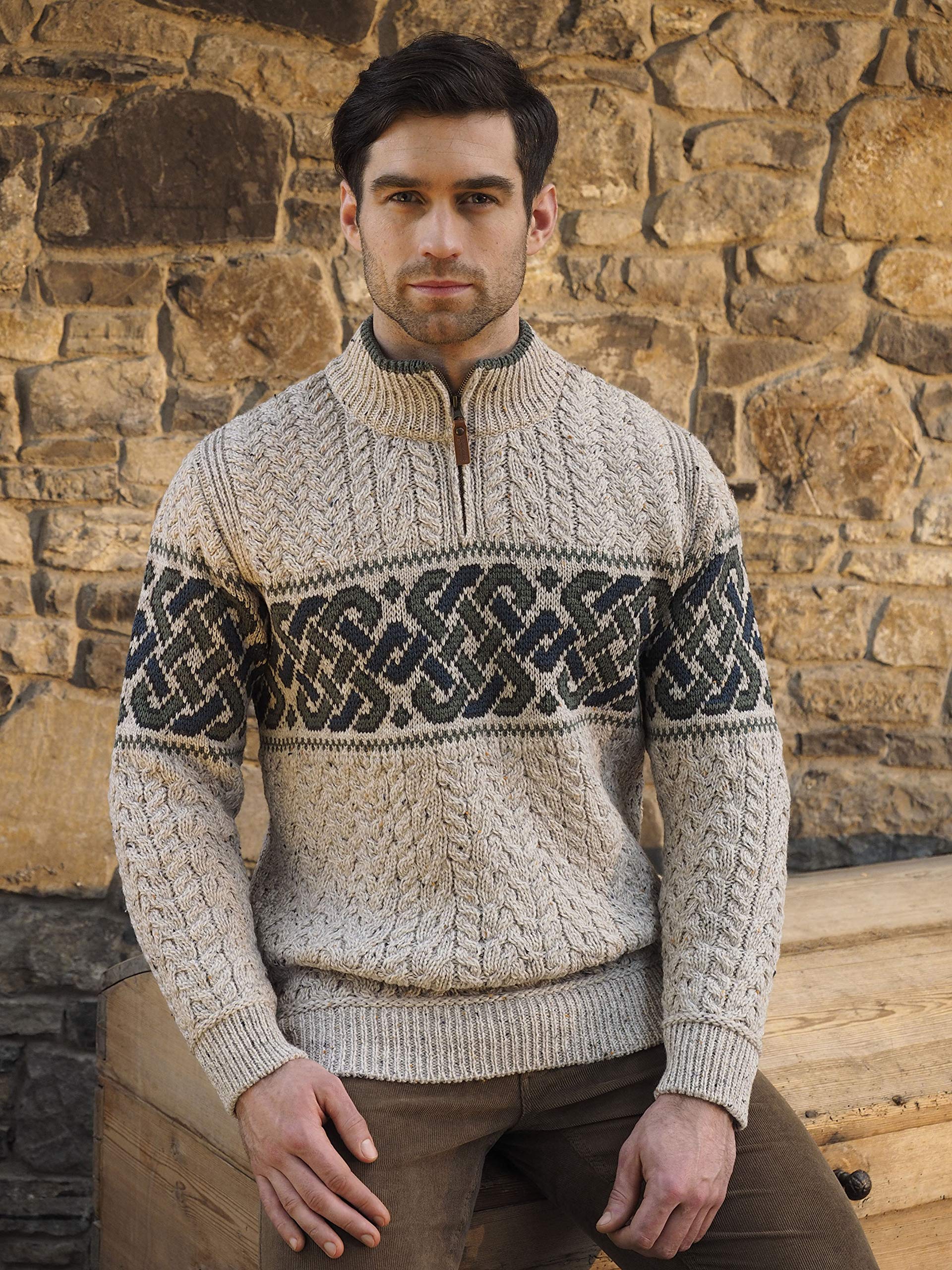 Aran Crafts Men's Irish Cable Knit Half Zip Jacquard Sweater - 100% Merino Wool - Warm Winter Pullover for Outdoor Activities & Casual Wear