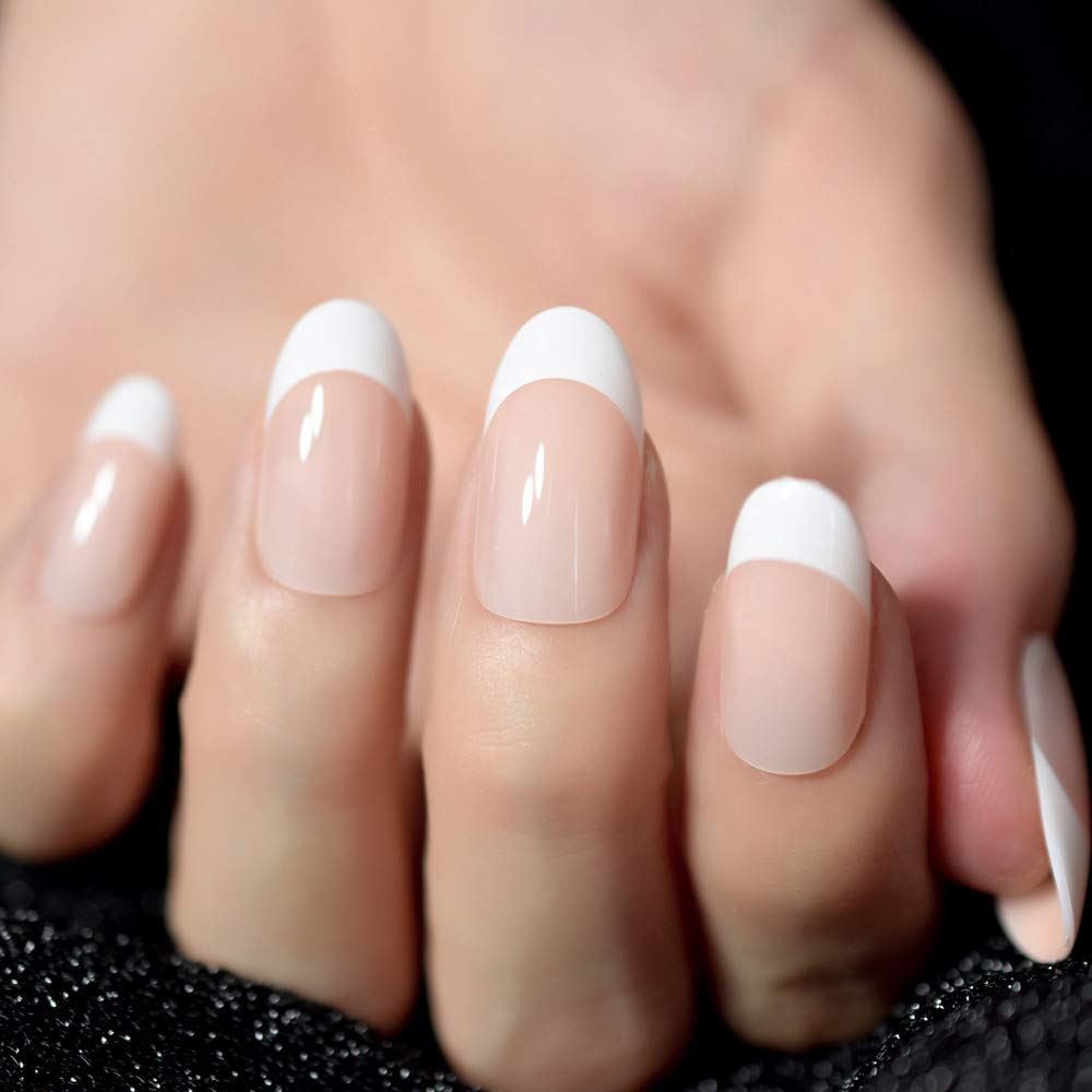 24-Pack Beige Acrylic French Fake Nails - Medium Length Oval Artificial Nails with Salon Nail Art Tips for Manicure & Nail Extension | Perfect for Weddings, Parties & Daily Wear