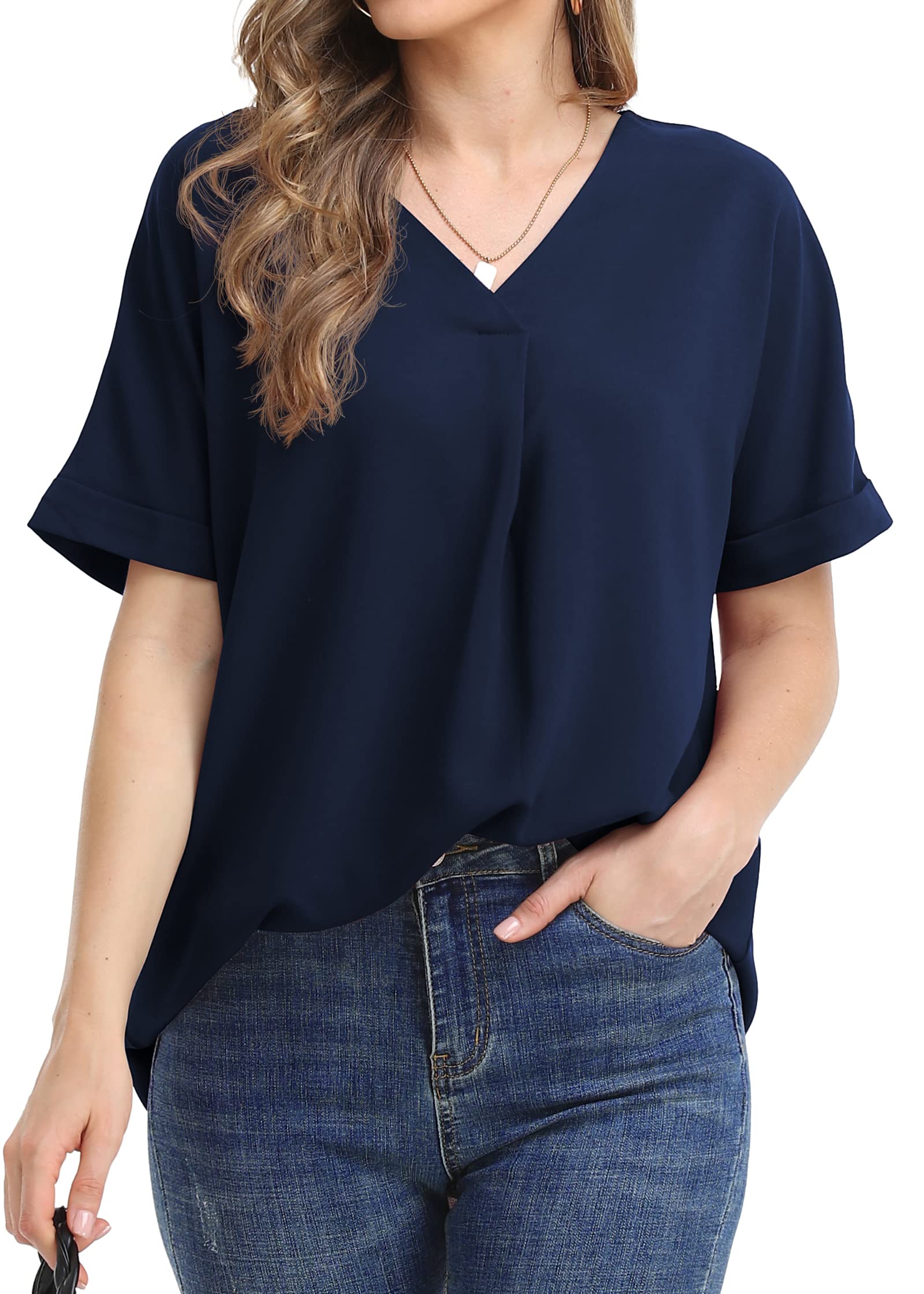 Women's Summer Tops - Chiffon V-Neck Rolled Sleeve Loose Casual Blouse | Breathable & Comfortable for Daily Wear, Office & Outings
