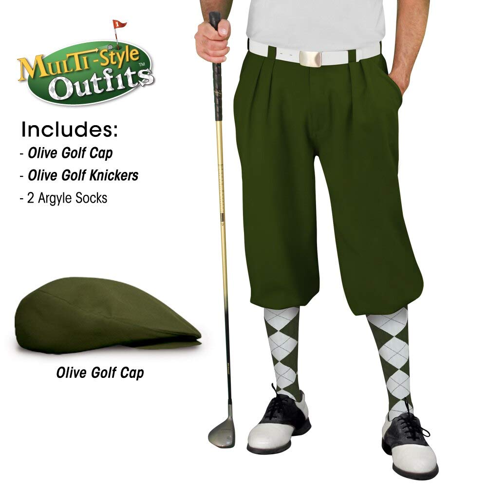 Men's Stylish Olive Green Golf Outfit Set - Matching Knickers, Cap & 2 Over-The-Calf Socks for Comfortable Golfing | Perfect for Golf Tournaments, Casual Play & Country Club Events