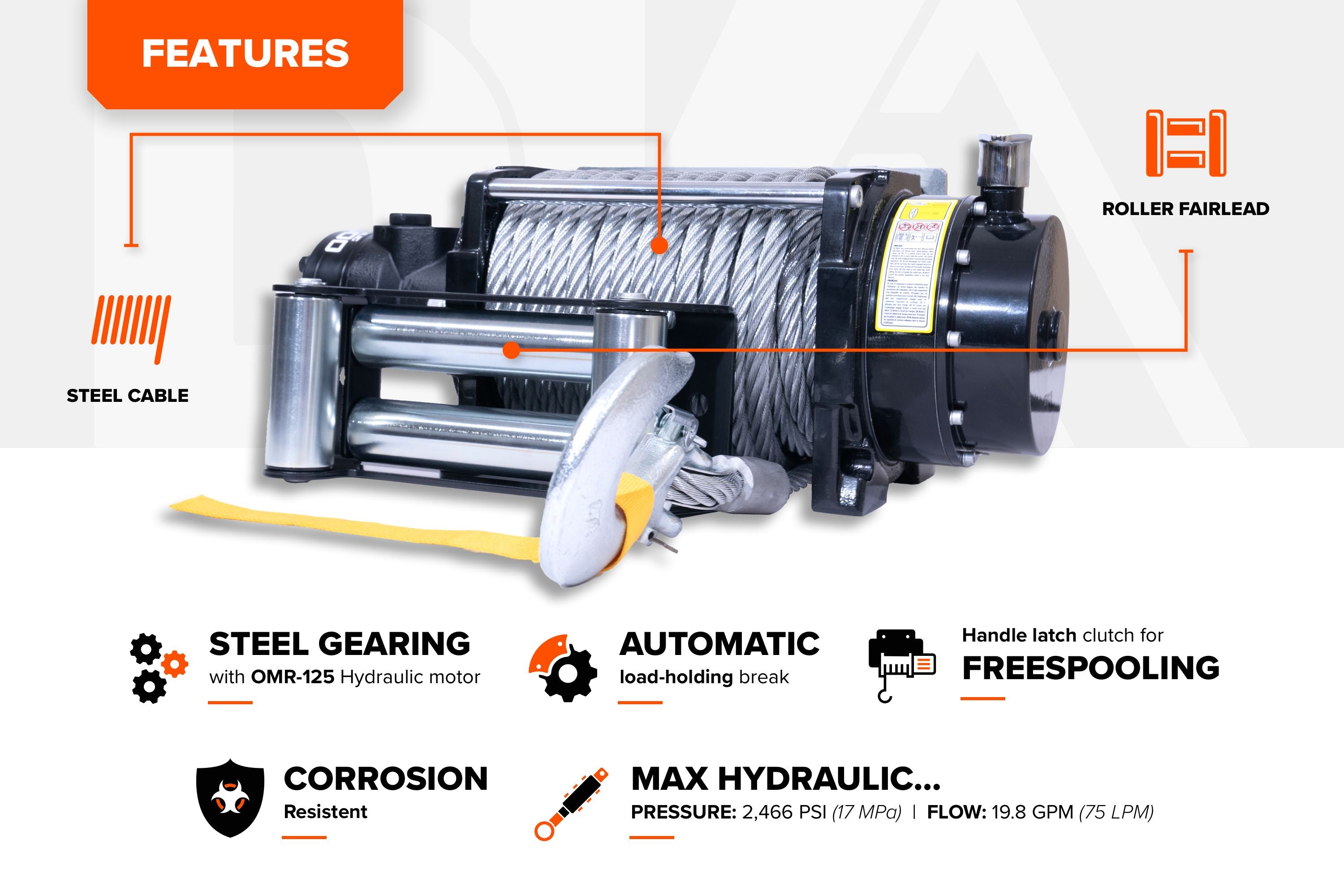 DK2 20000NH 20,000 lbs Heavy Duty Hydraulic Winch with Steel Cable - Off-Road Recovery, Towing, Construction & Industrial Use