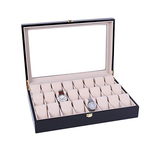 Premium 24-Slot Wooden Watch Display Case with Glass Top - Luxury Jewelry & Watch Storage Organizer for Men & Women (16.7