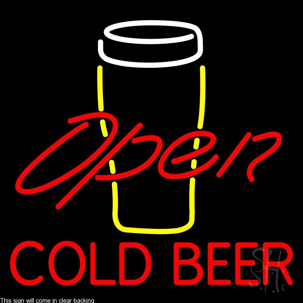 24x24 Inch Yellow Glass Neon Sign with Cold Beer Design - Perfect for Bars, Pubs, and Man Caves - Eye-Catching Open Clear Backing LED Light for Home & Business Decor