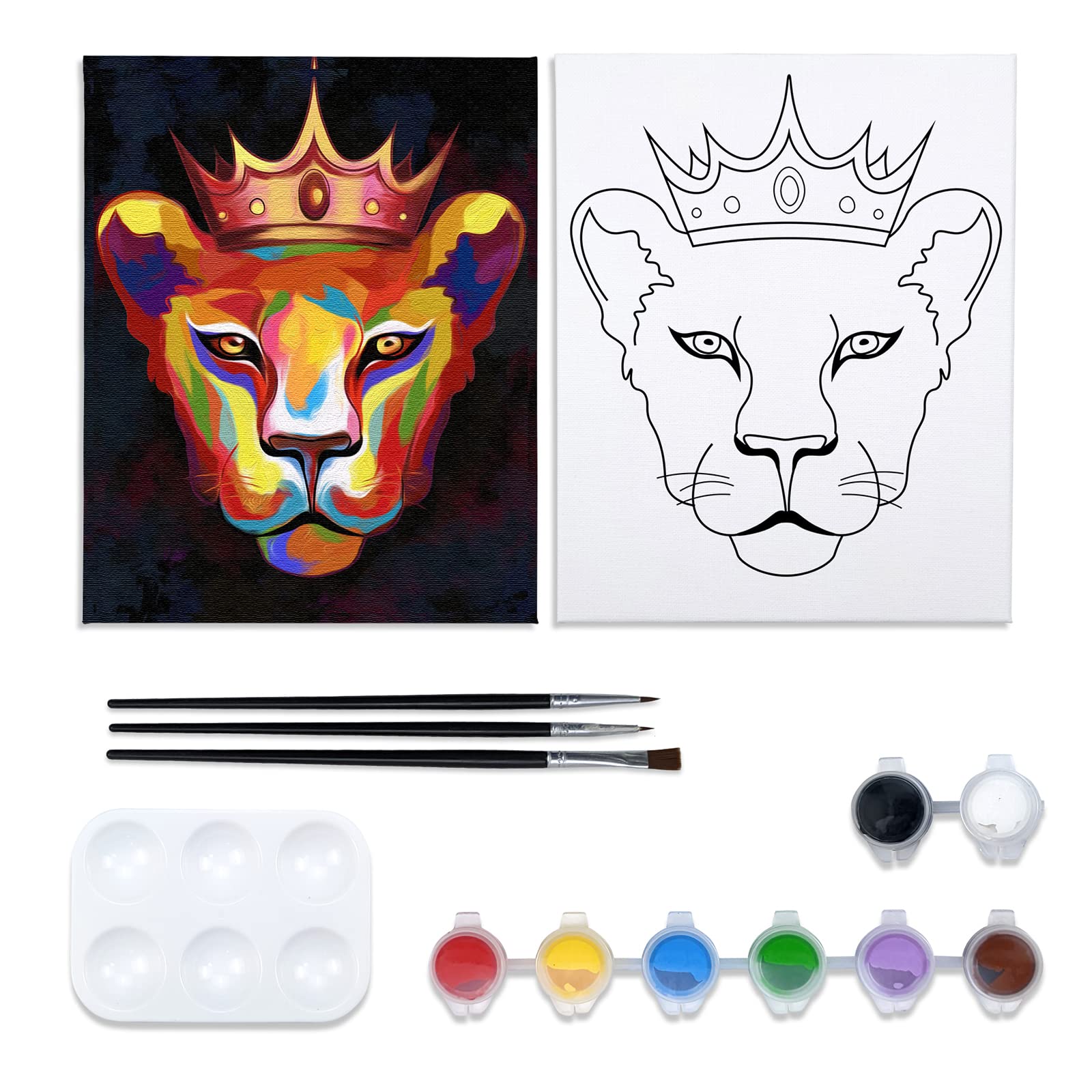 VOCHIC Lioness Canvas Painting Kit for Adults - 8x10 Pre-Drawn Canvas, 8 Acrylic Paint Colors, 3 Brushes & Palette - DIY Art Supplies for Paint & Sip Parties, Home Decor, Gifts & Relaxation