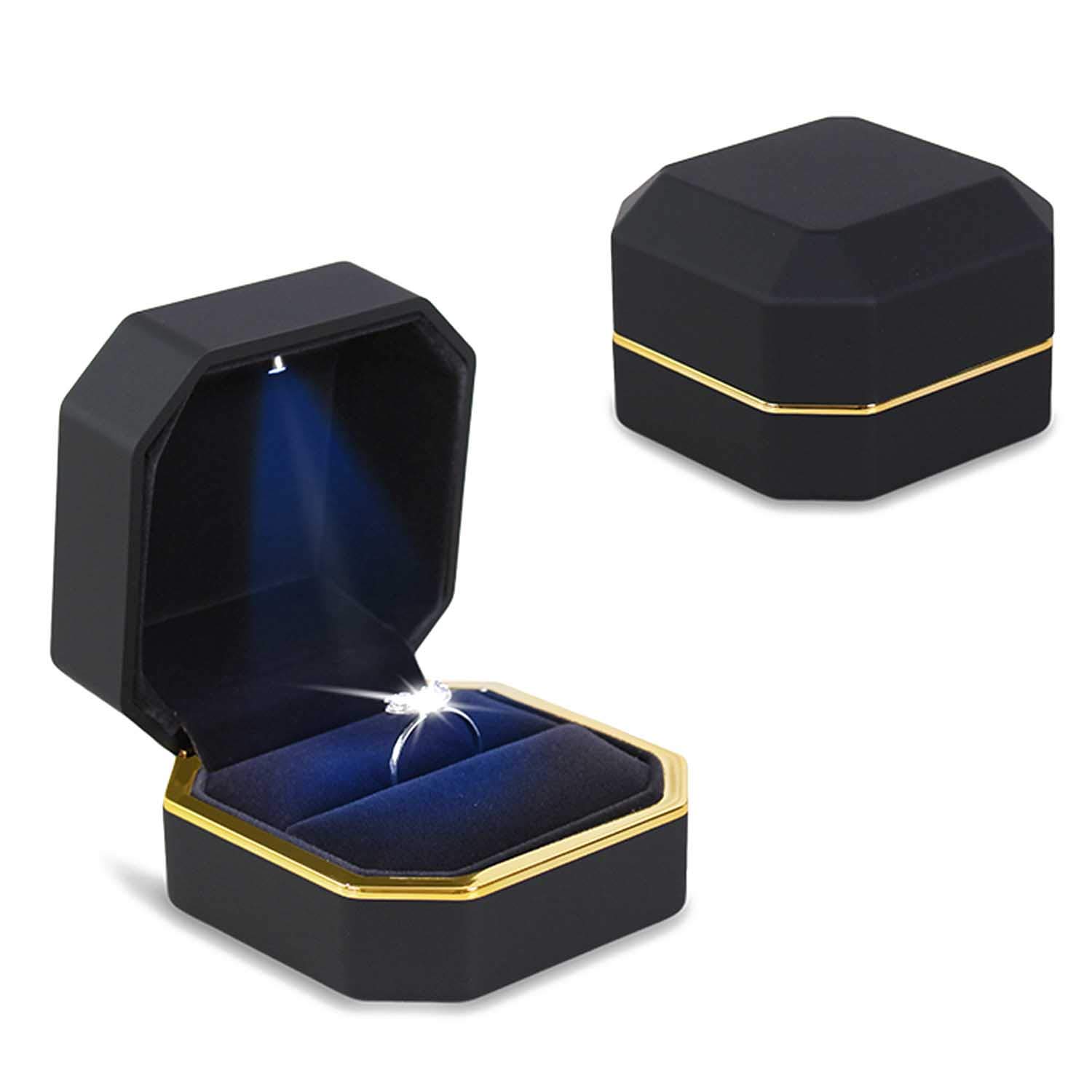 Luxury Velvet Ring Box with LED Light - Square Wedding Jewelry Gift Case for Proposal, Engagement, Wedding - Perfect for Surprise Proposals & Romantic Gift Giving (Black)