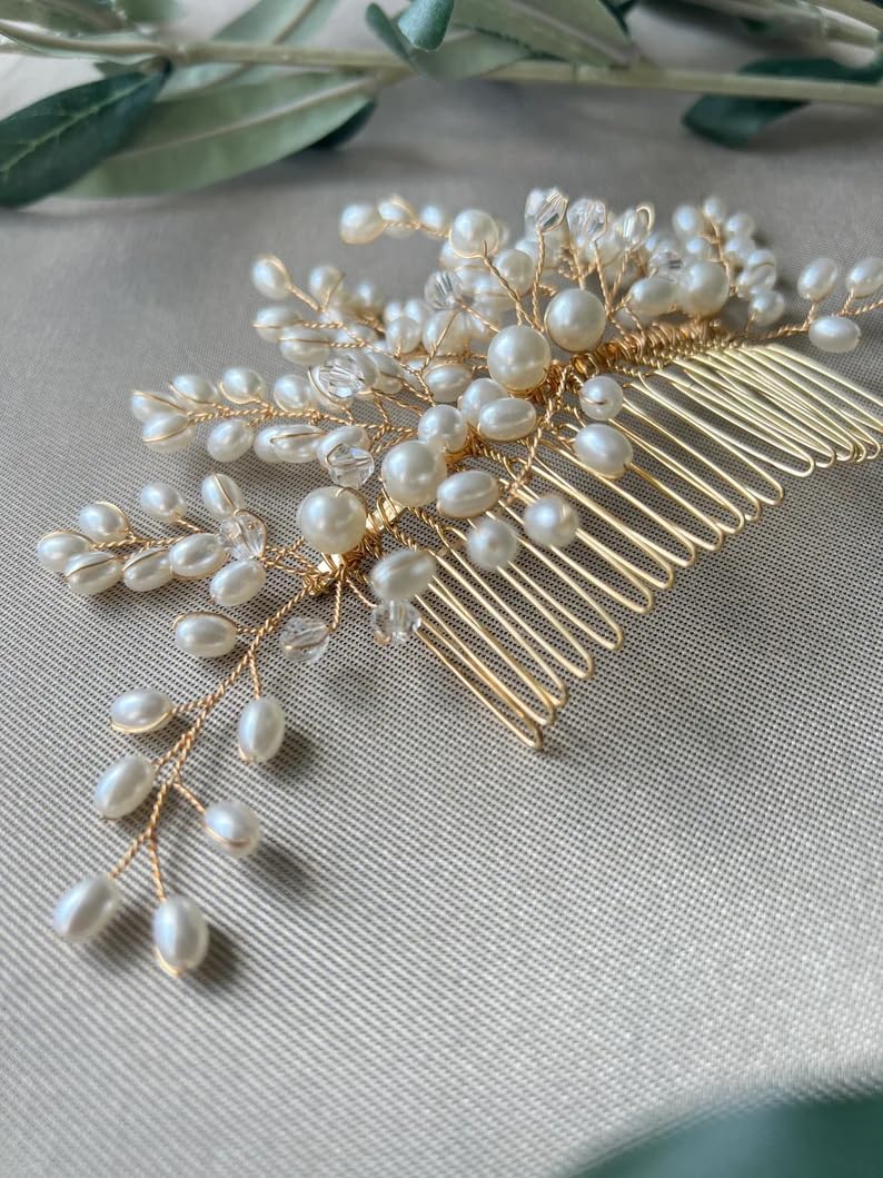 Elegant Golden Pearl Hair Comb - Bridal Hair Accessories for Wedding, Bridesmaid, and Special Occasions | Floral Hair Pin, Bun Comb, Juda Pin, Hair Jewelry Brooch | Perfect for Weddings, Prom, and Formal Events
