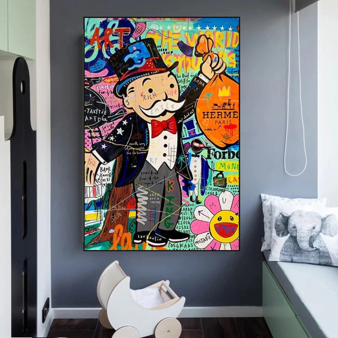 Alec Monopoly 'The World is Yours' Money Bag Canvas Wall Art - Pop Art Home Decor for Living Room, Office & Game Room