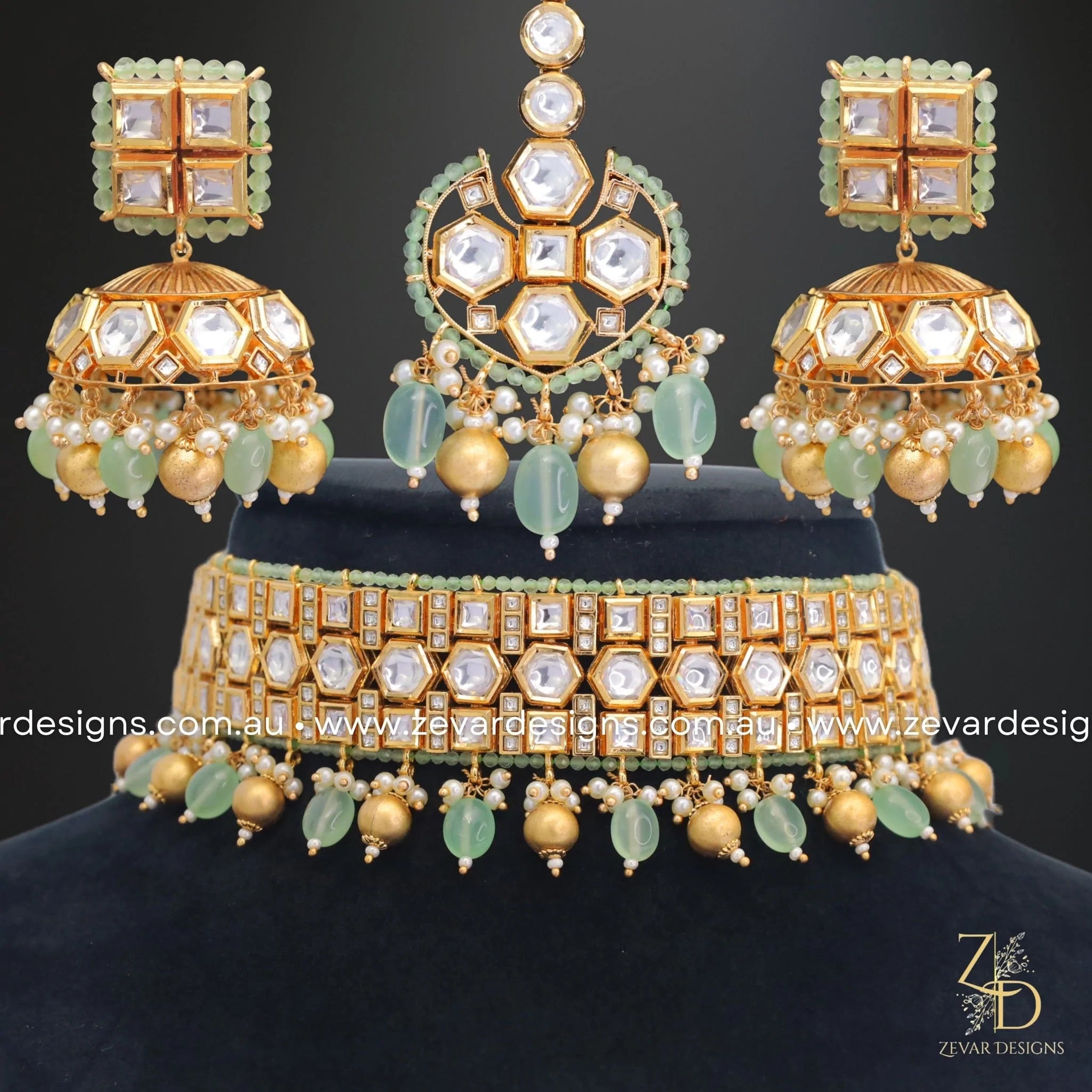 Exquisite Kundan Polki Choker Set with Tikka - Mint Green Bridal Jewelry for Weddings, Parties & Festive Occasions