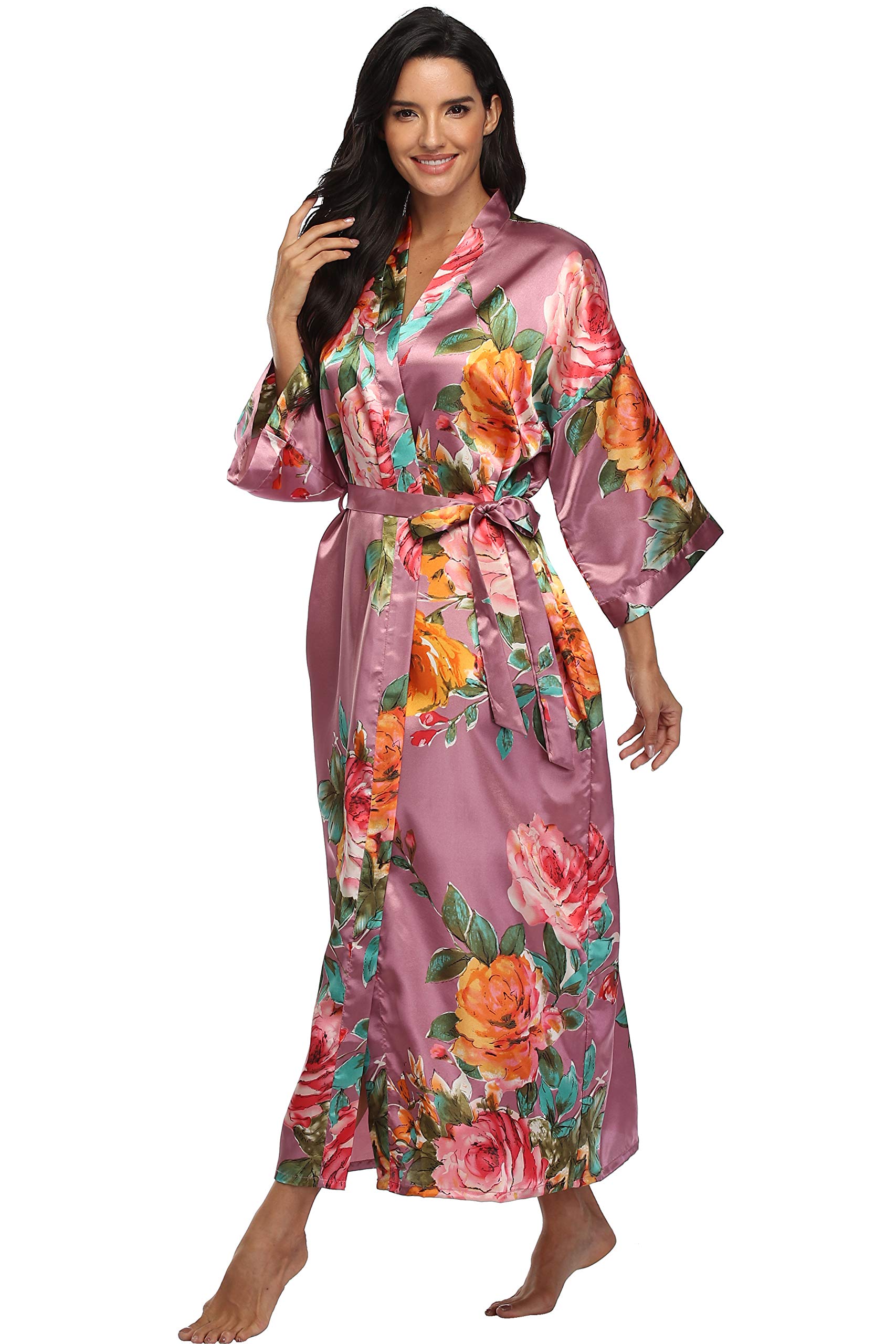 Women's Floral Silk Kimono Robe - Long Satin Bridesmaid & Wedding Party Robe - Elegant Loungewear & Bridal Dressing Gown for Spa, Honeymoon & Relaxation at Home