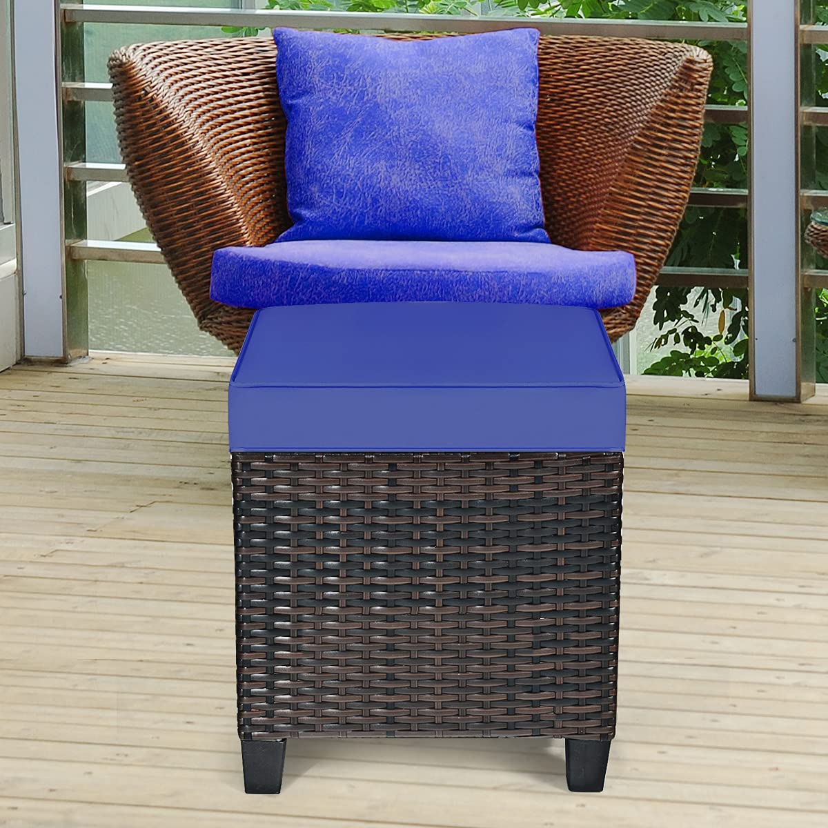 2PCS Rattan Wicker Ottoman Set with Removable Cushions - Patio Footstool Footrest Seat for Outdoor Living, Garden, Backyard & Home Decor (Navy) - Perfect for Relaxing, Entertaining & Adding Boho Style to Your Space