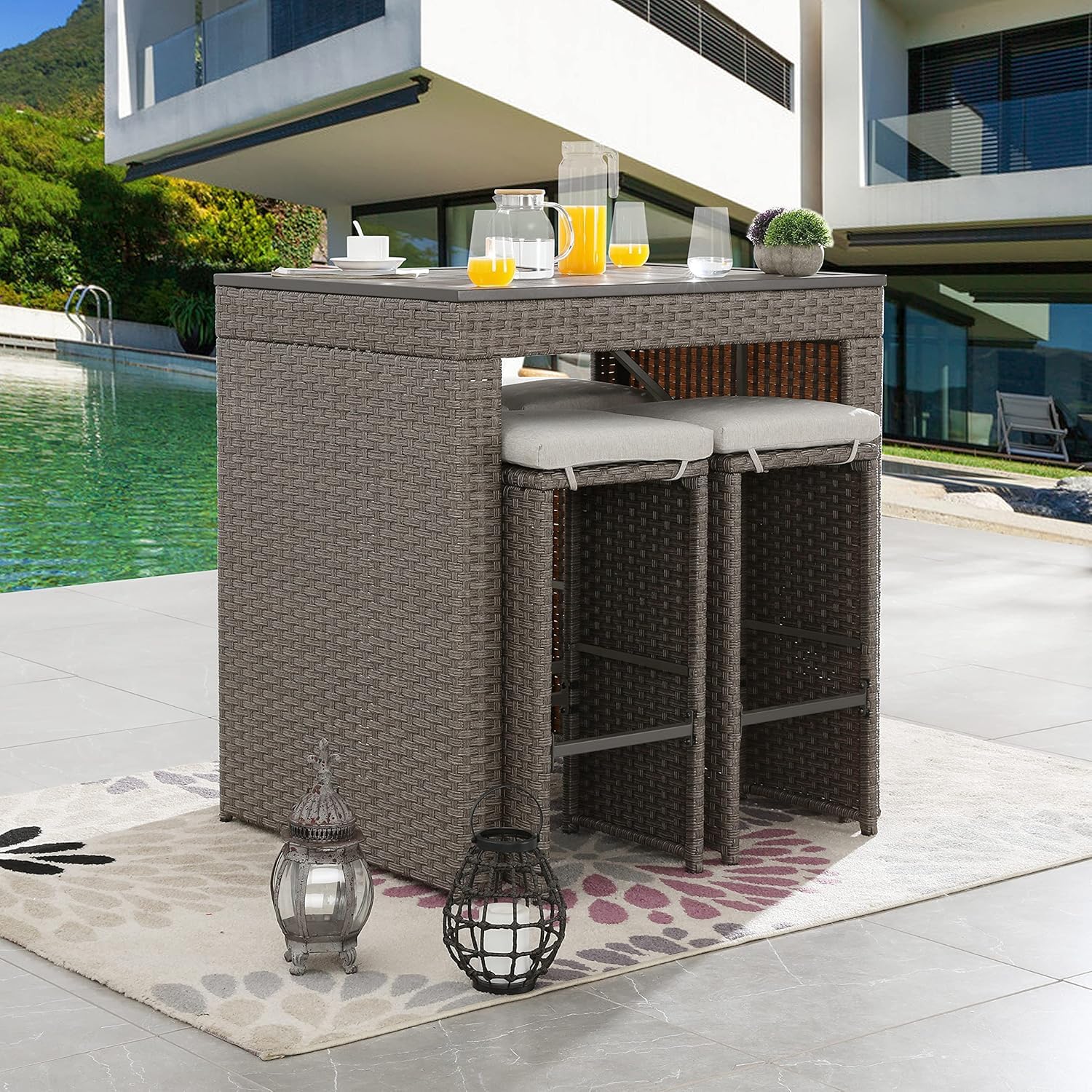 LOKATSE HOME 5-Piece Outdoor Bar Set with Patio Stools & Rattan Table - Pub Height Wicker Furniture with Removable Cushions - Perfect for Backyards, Porches, Gardens, Poolside & Outdoor Entertaining - Brown