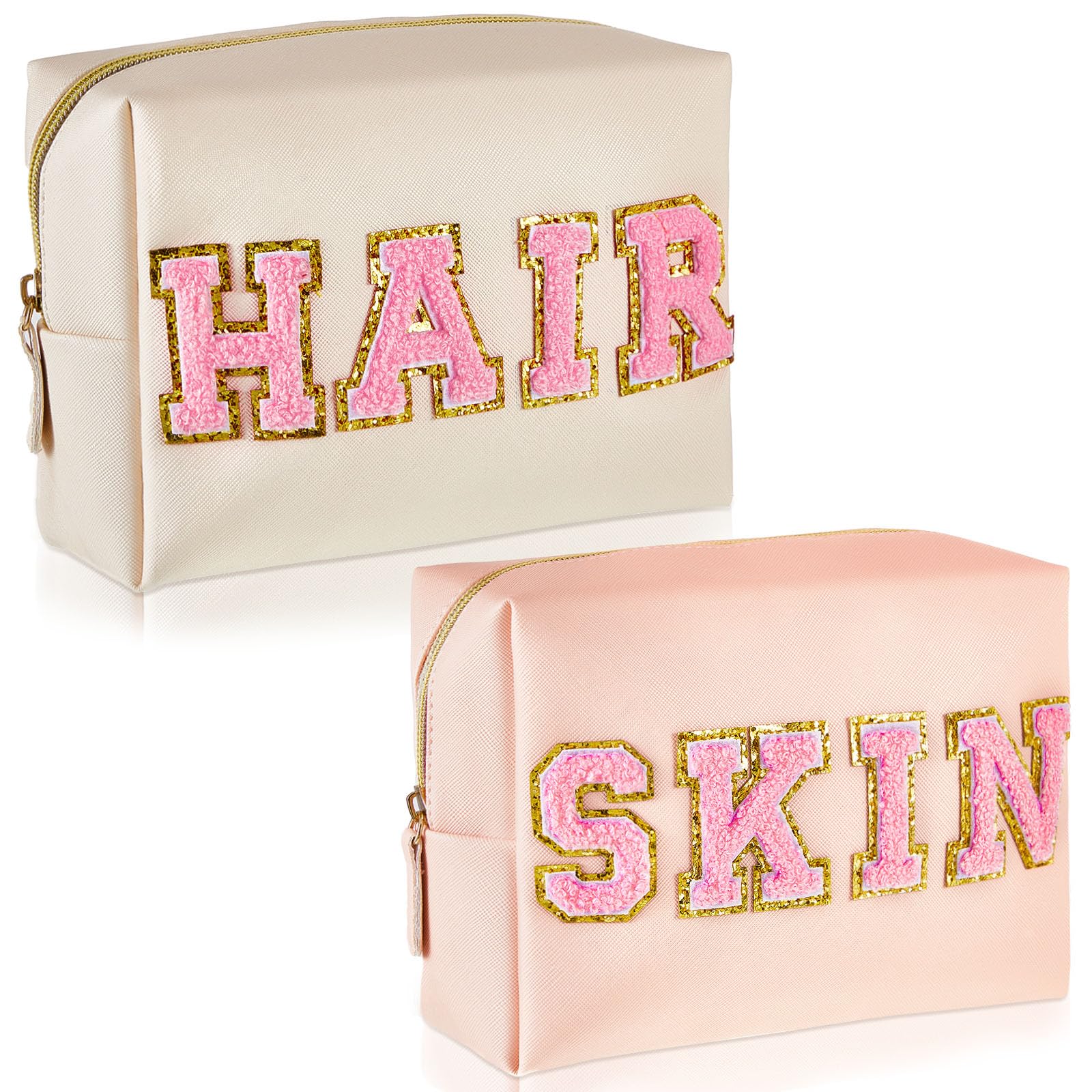 Preppy Makeup Bags 2-Pack - Chenille Letter Patch Cosmetic Organizer for Face, Skin & Hair Care | Aesthetic Travel Zipper Pouch | Perfect Graduation Gift for Girls (White & Pink) | Great for Travel, School, Gym & Daily Beauty Organization