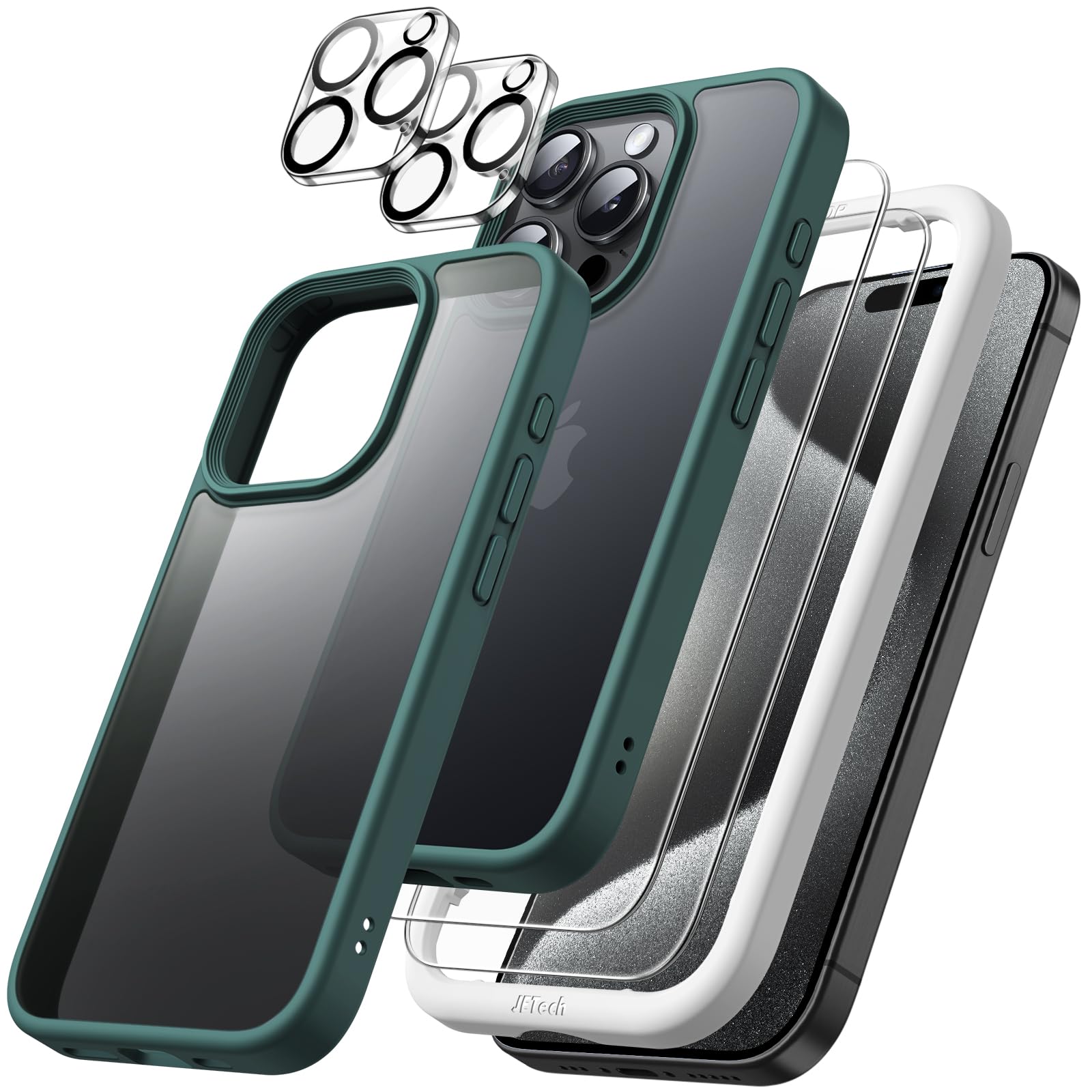 JETech 5-in-1 Matte Shockproof Case for iPhone 15 Pro 6.1 Inch - Includes 2 Tempered Glass Screen Protectors & Camera Lens Protector - Translucent Dark Green Back Cover for Everyday Protection & Style