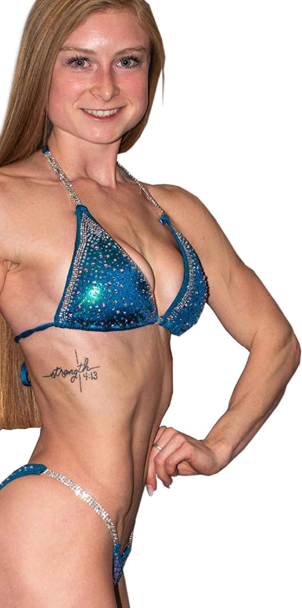 Turquoise Green Mermaid Crystal Bikini Set - Rhinestone Clustered Competition Swimsuit for NPC Bikini Shows (C/D Cup, Small HIPS 28''-31'') | Perfect for Bodybuilding Posing, Beachwear & Swimwear Competitions