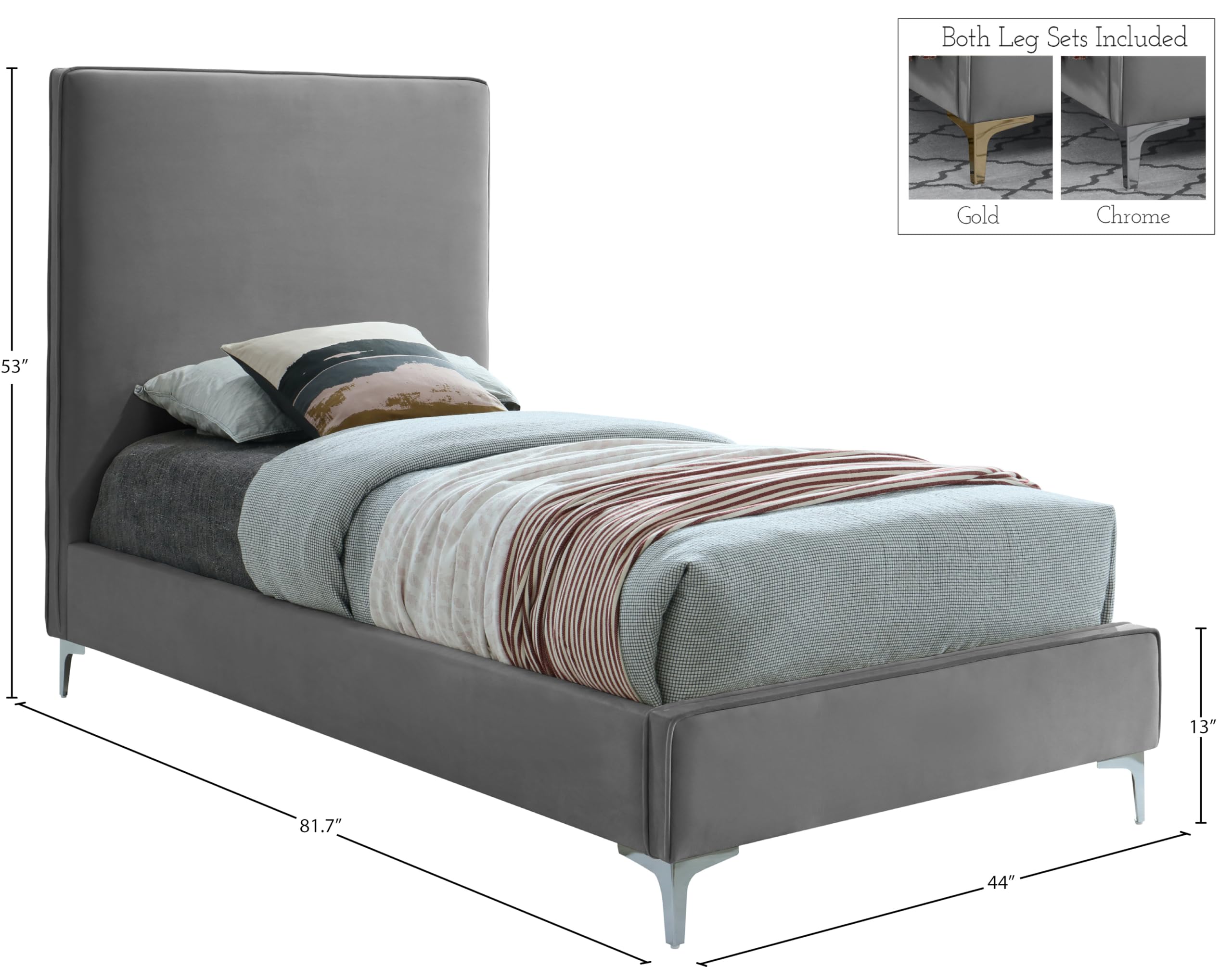 Modern Velvet Upholstered Twin Bed with Gold/Chrome Finish - Geri Collection by Meridian Furniture | Luxury Bedroom Decor for Contemporary Homes & Guest Rooms