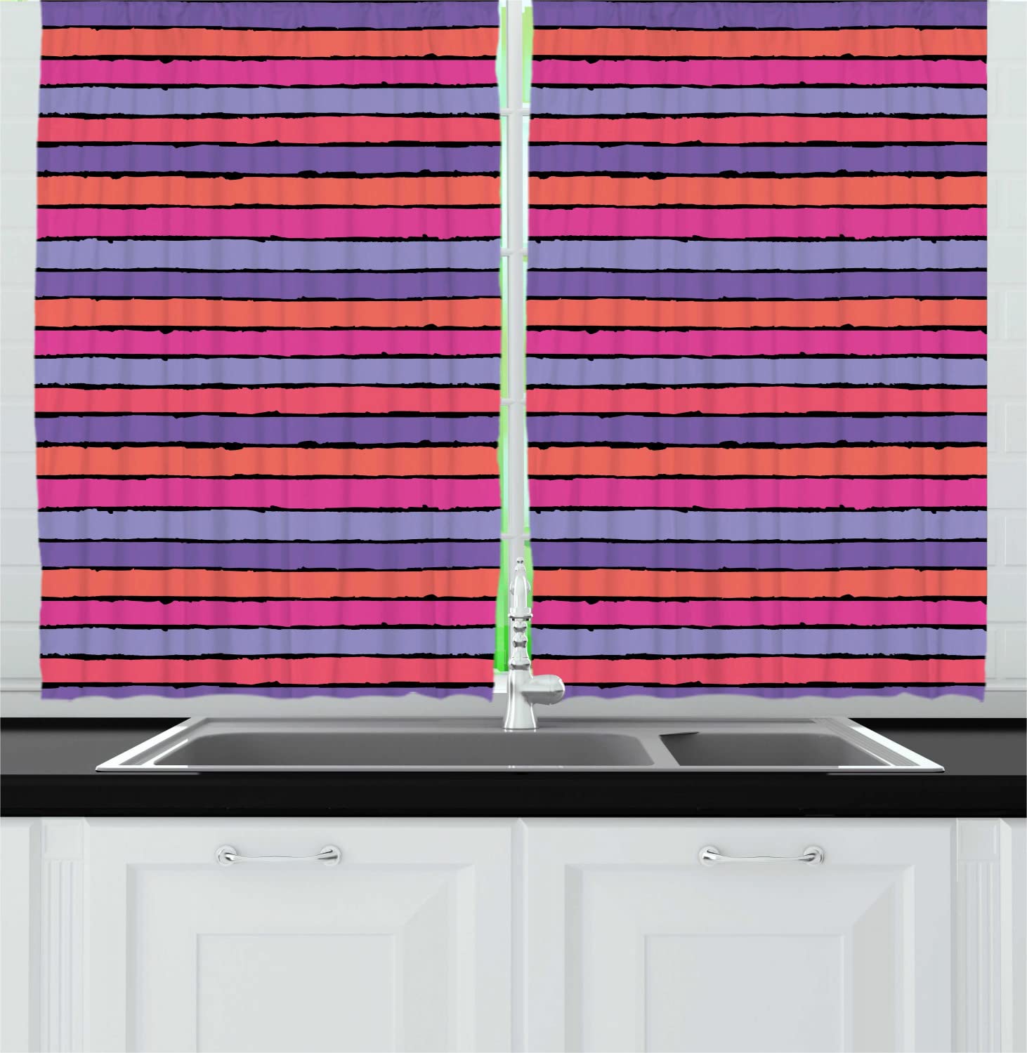 Ambesonne Abstract Long Kitchen Curtains - Horizontal Pastel Brush Stroke Stripes Modern Design, 2 Panel Rod Pocket Drapes 55x45 Inches, Pink Salmon & Violet - Perfect for Urban Kitchen, Dining Room & Living Room Decor