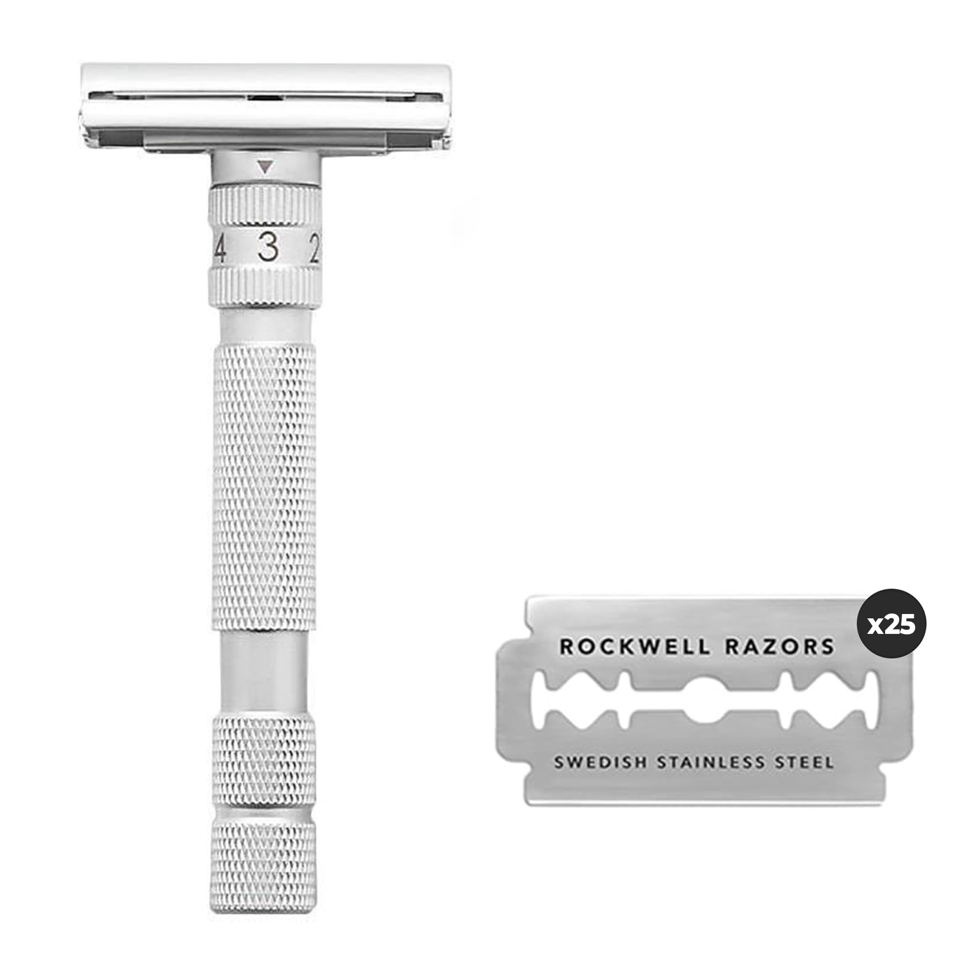 Rockwell Razors T2 White Chrome Adjustable Safety Razor for Men & Women - 25 Recyclable Blades & Premium Travel Leather Case | Perfect for Home Shaving, Travel & Eco-Friendly Grooming