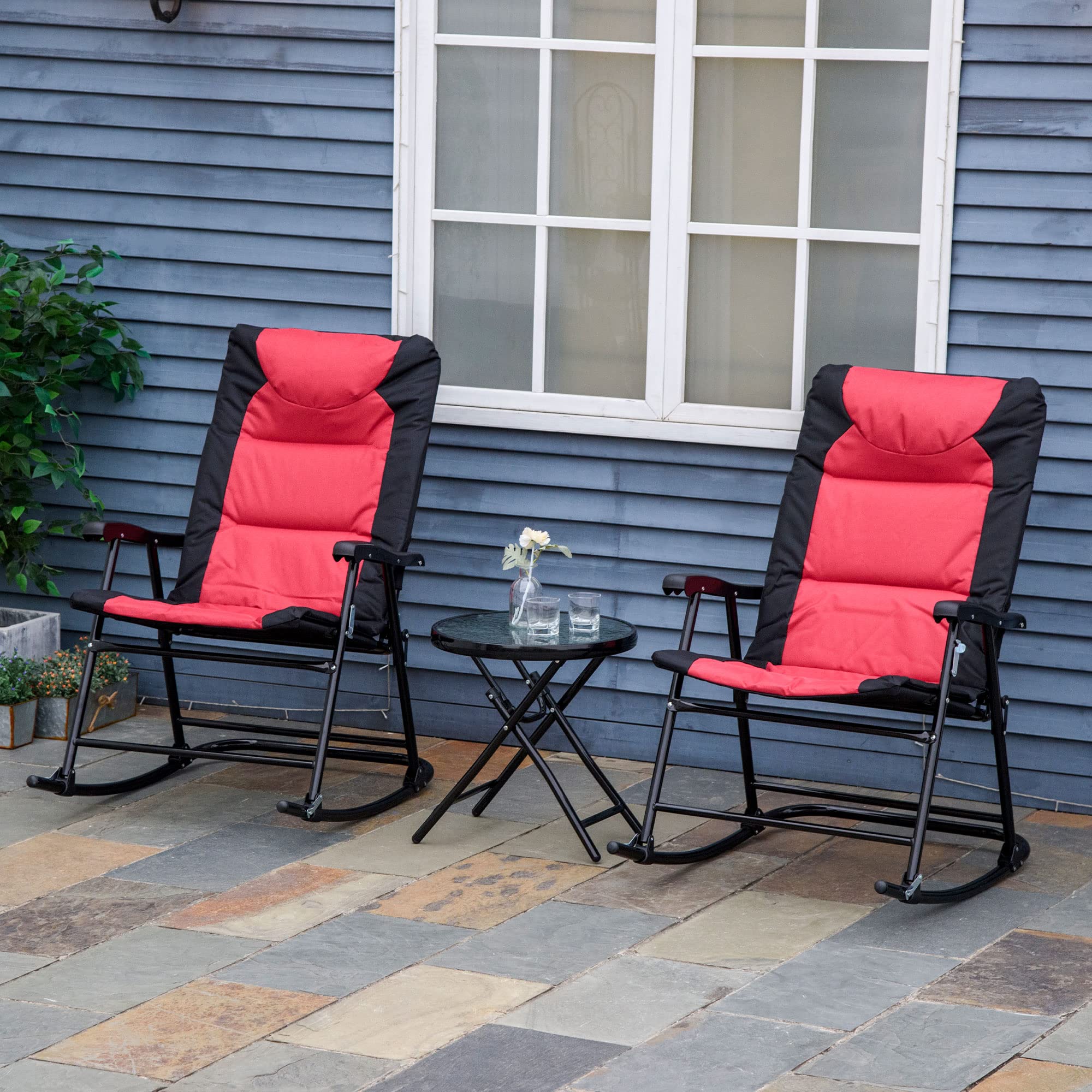 Outsunny 3-Piece Outdoor Patio Furniture Set with Glass Coffee Table & 2 Folding Padded Rocking Chairs - Bistro Style for Porch, Garden, Camping, Balcony (Red) | Perfect for Relaxing, Entertaining Guests & Outdoor Dining