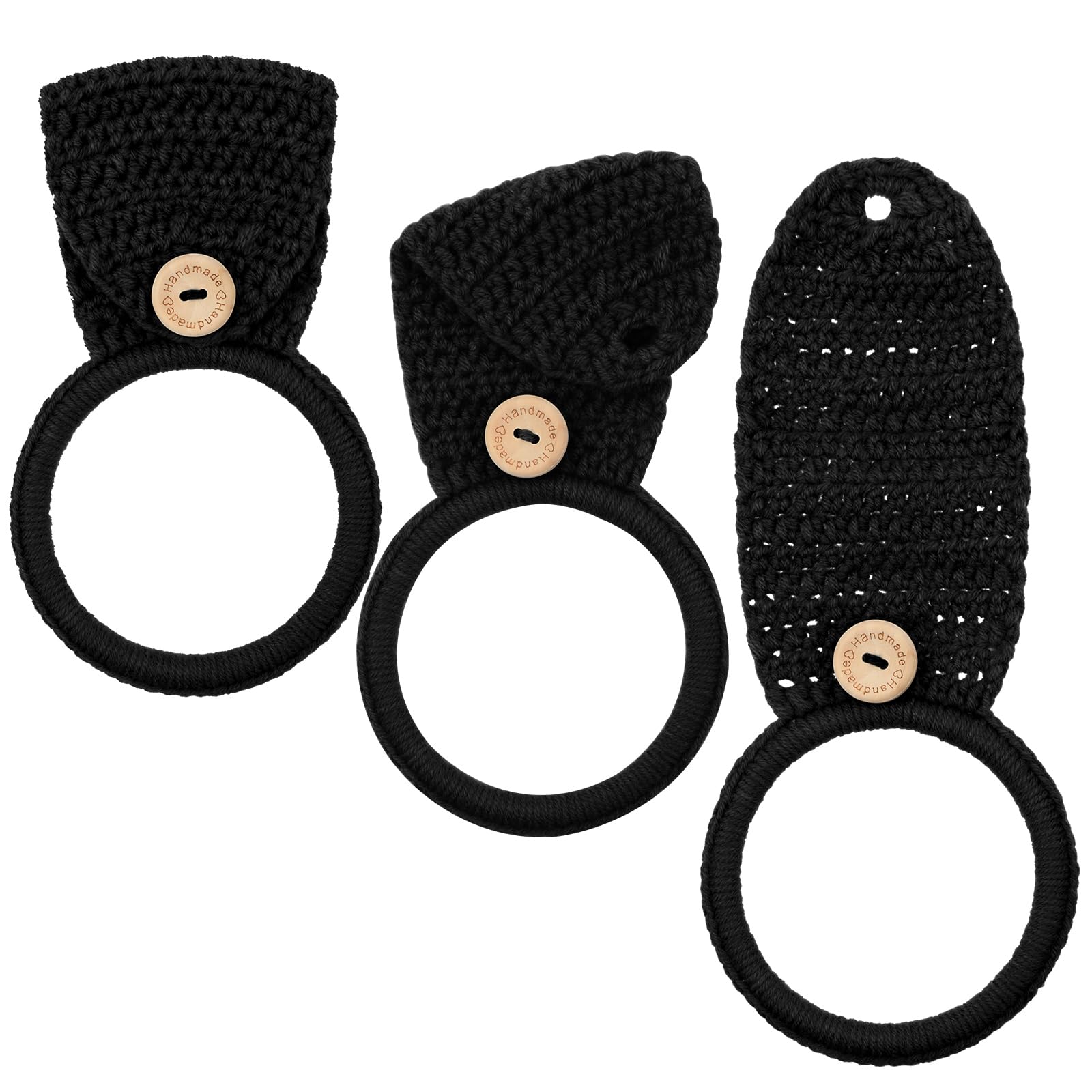 Tatuo 3-Piece Crochet Towel Holder Set - Hanging Kitchen & Bathroom Dish Towel Rings - Oven Handle Hooks for Stove (Black) - Perfect for Organizing Kitchen Towels, Oven Mitts & Utensils