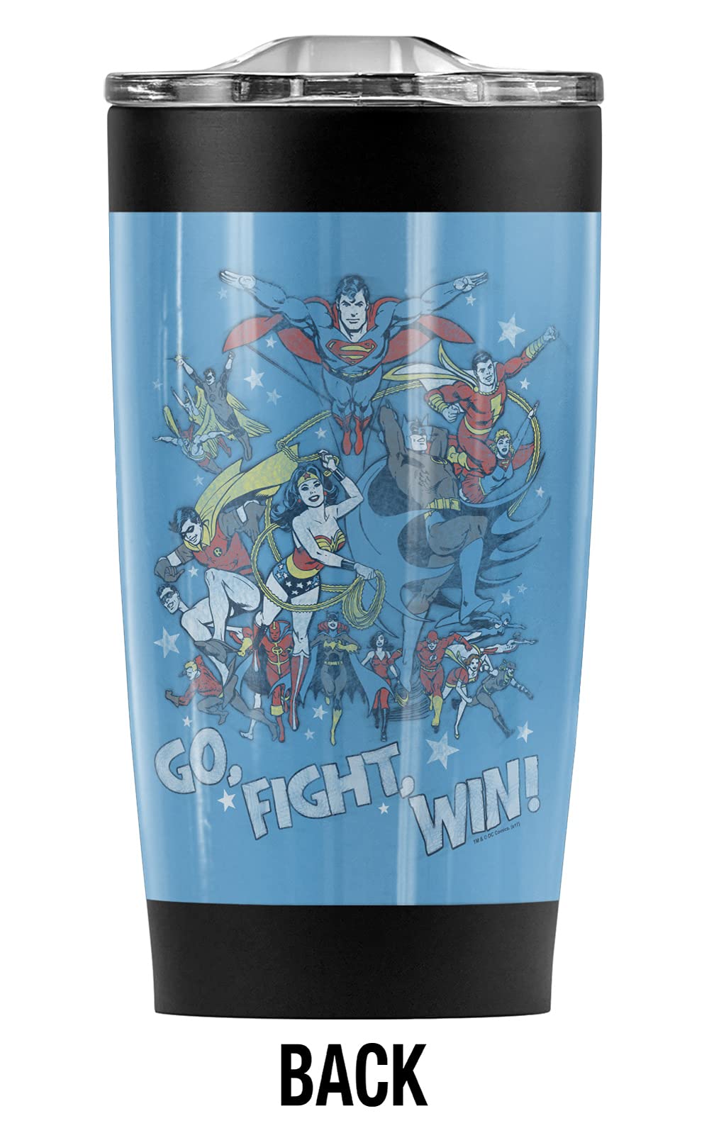 Justice League Go Fight Win 20 oz Stainless Steel Tumbler - Vacuum Insulated Coffee Travel Mug with Leakproof Lid | Keeps Hot & Cold Beverages Perfect | Ideal for Office, Gym, Camping & Commuting