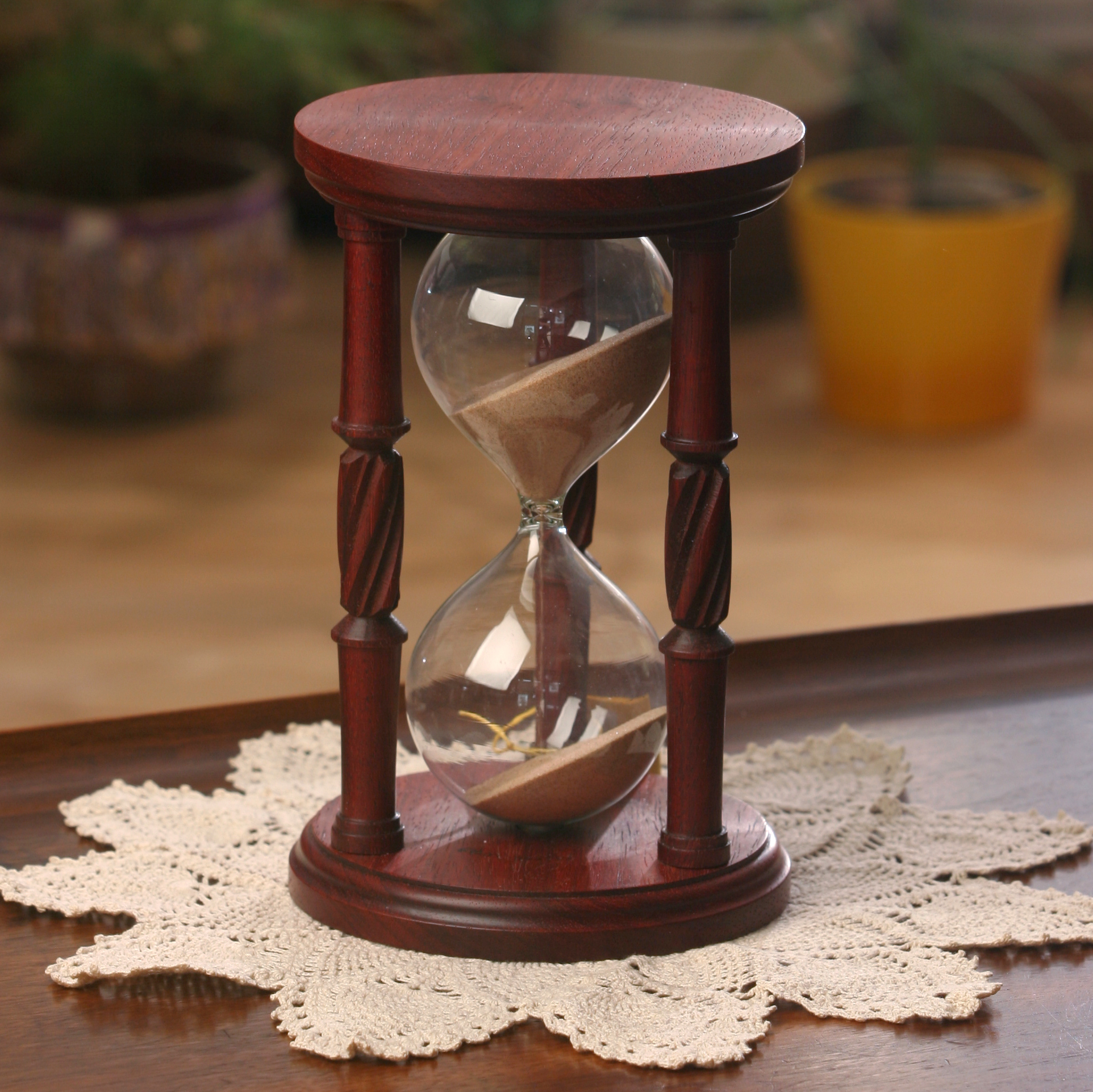 8x12 Inch Padauk Wood Hourglass with Spiral Spindles - Decorative Sand Timer for Home Office Desk, Meditation, Yoga, and Gift Giving