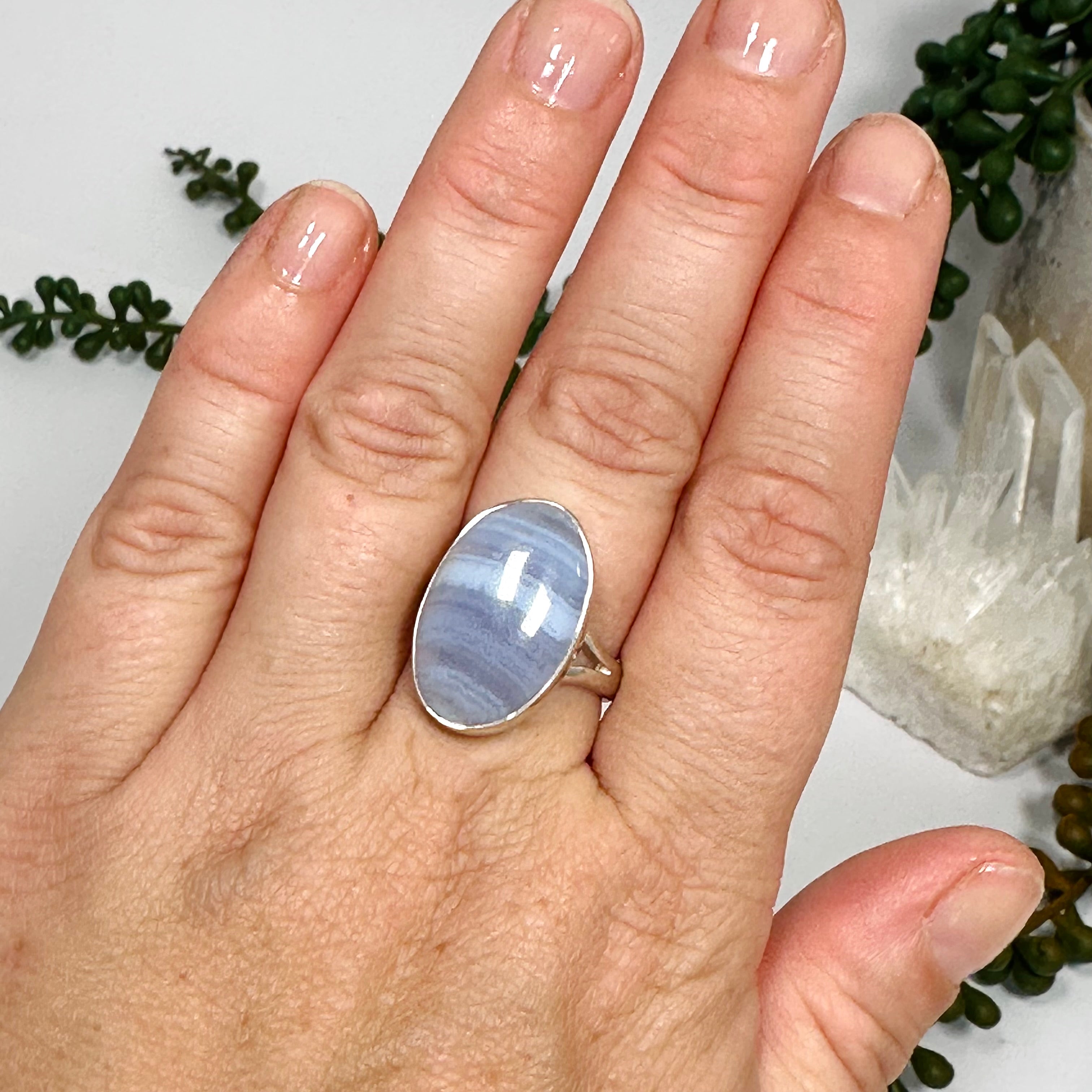 Blue Lace Agate Oval Cabochon Ring - Size 8 - KRGJ3377 - Elegant Handmade Jewelry for Women, Perfect for Weddings, Parties & Everyday Wear