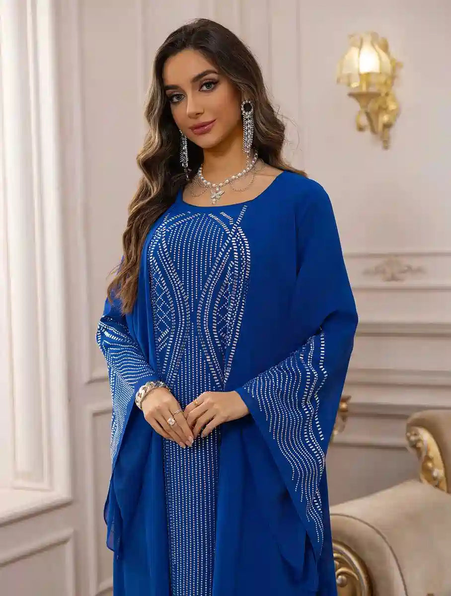 Elegant Hotfix Rhinestone Chiffon Caftan Dress for Women - Perfect for Eid Celebrations, Weddings & Special Occasions