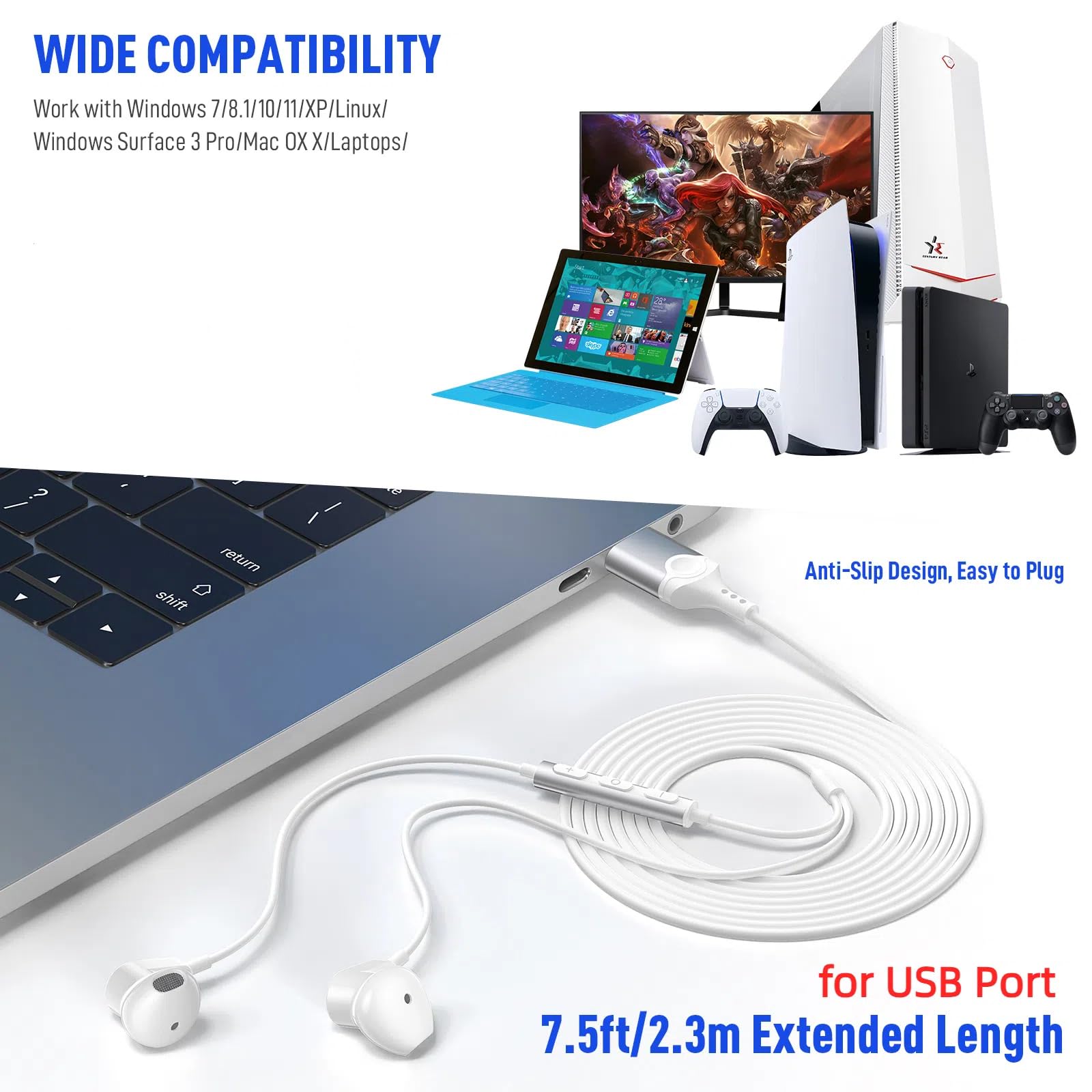 USB Wired Headphones with Mic for PC, Laptop & MacBook Pro - 7.5ft Magnetic Noise Isolating Earbuds, Volume Control & Mute for Gaming, Office Work, School & Zoom Meetings