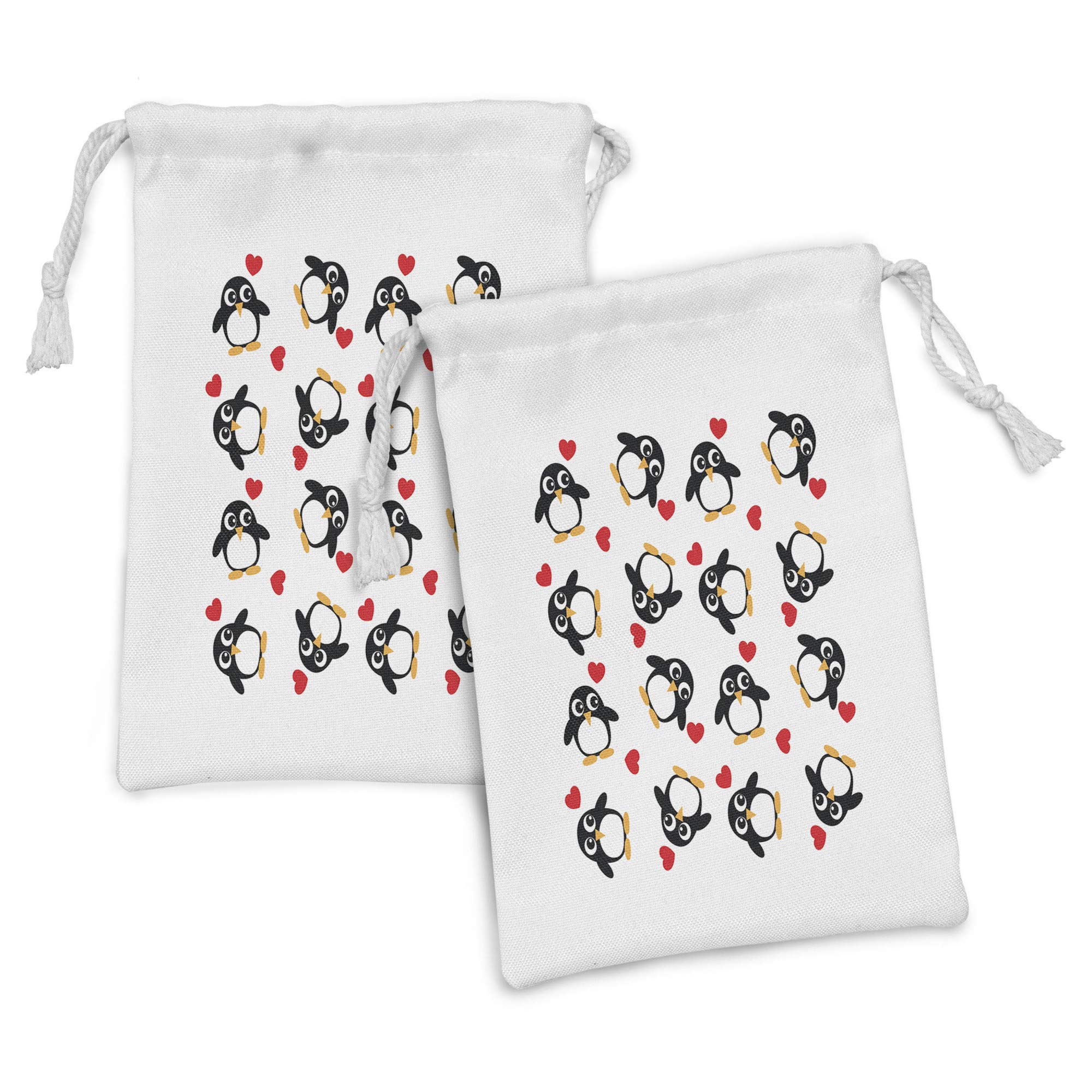 Ambesonne Sea Animals Fabric Pouch Set of 2 - Penguin with Hearts Drawstring Bags for Toiletries, Makeup, Jewelry & Travel Accessories | 9x6 Inch Small Gift Pouch | Valentine's Day, Birthday & Party Favors | Mustard White Black Color