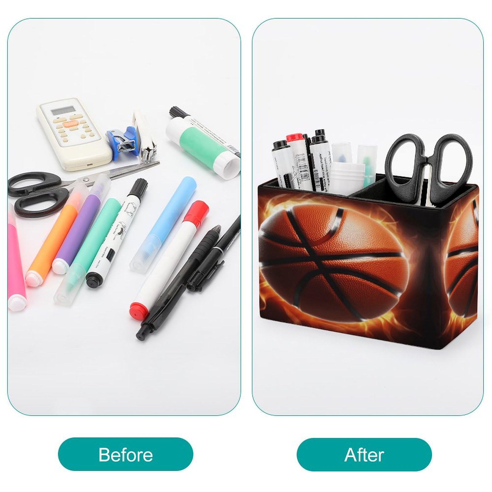 YJWANDO Leather Pen Holder with Basketball On Fire Print - Premium Office Desk Organizer & Pen Cup for Pencils, Pens & Markers - Perfect Desk Accessory for Home, Office or School Organization