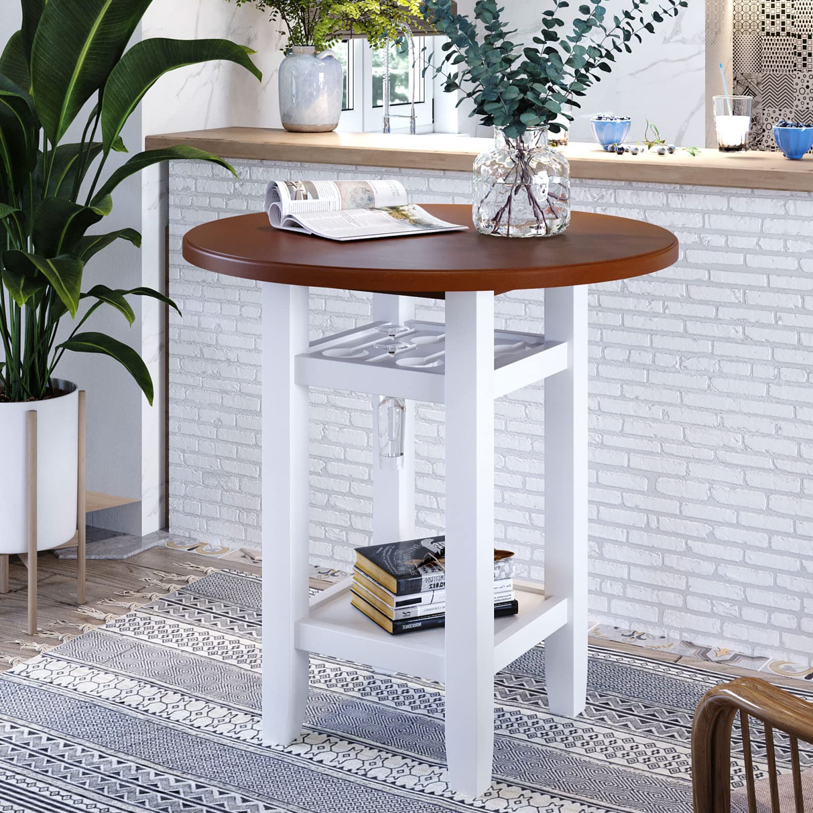 Farmhouse Dining Table with Storage Shelf & Glass Holder - Round Counter Height Kitchen Table in Cherry & White - Perfect for Small Spaces, Breakfast Nooks & Cozy Farmhouse Kitchens