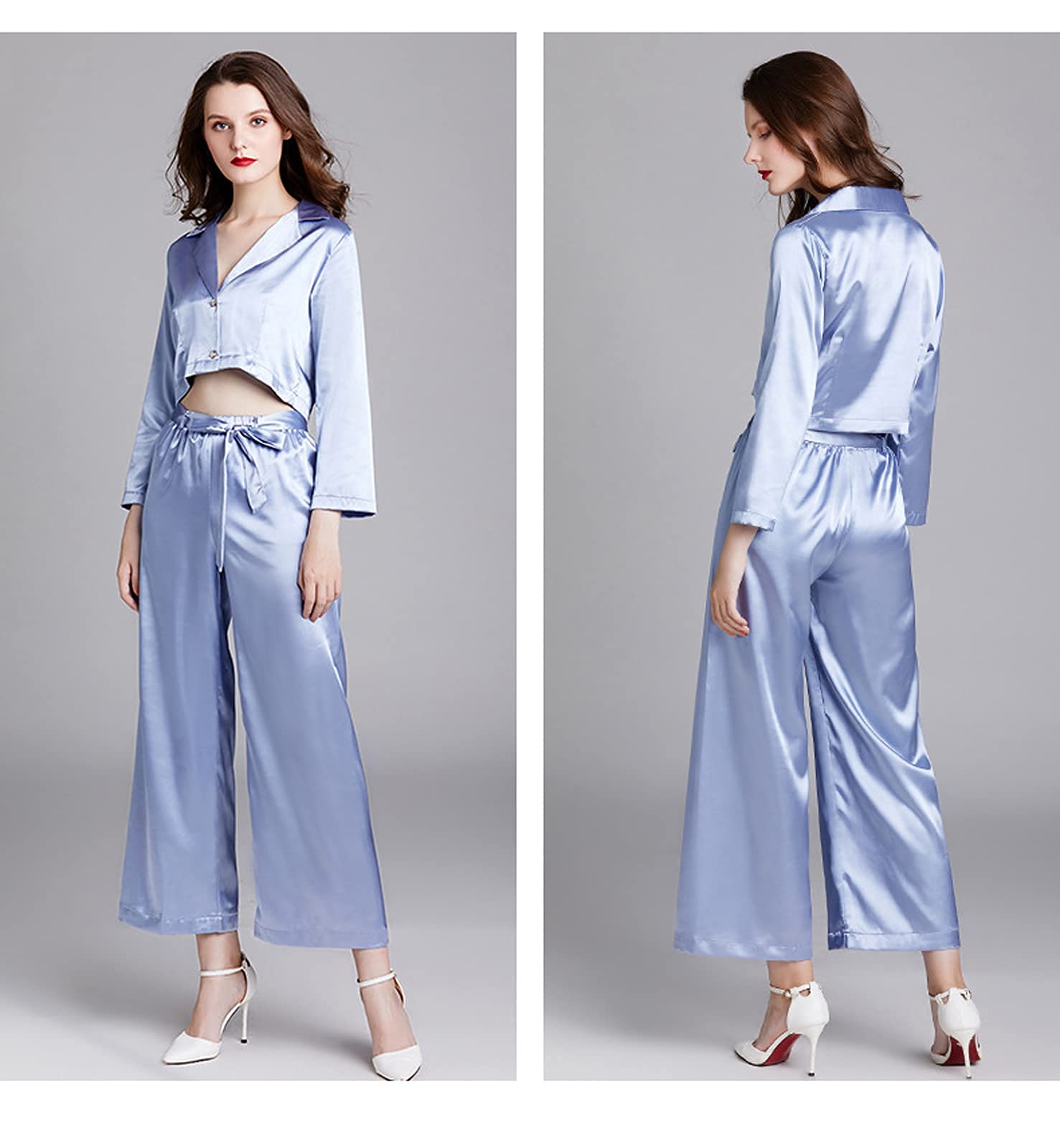 FMOGG Women's Winter Pajama Set - Long Sleeve Silk Satin Sleepwear & Nightwear Lingerie 2-Piece PJS Suit - Cozy Loungewear for Home, Bedtime & Relaxation